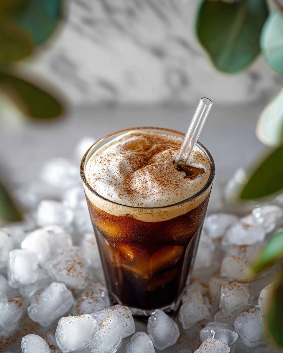 A clear glass filled with dark brown iced coffee and ice cubes forms the bottom layer, topped with a thick, fluffy white layer of whipped cream sprinkled with light brown cinnamon dust. A clear glass straw is inserted at an angle into the drink. The glass is set on a white marbled surface with scattered ice pieces around. photo taken with an iphone --ar 4:5 --v 7