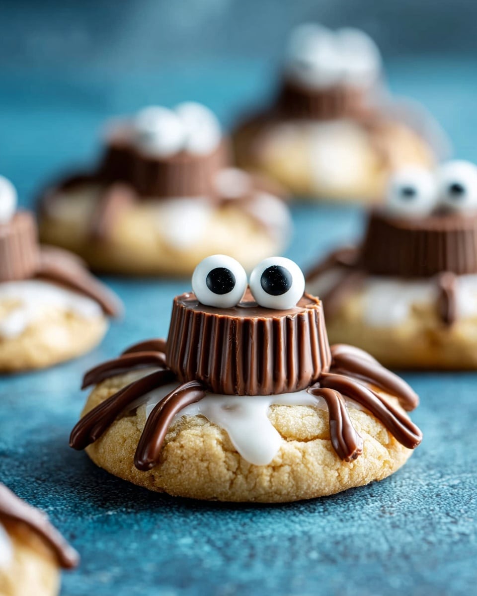 The image shows several round cookies topped with a cup-shaped chocolate piece placed upside down in the center, creating a spider-like look. Each cookie has light beige dough with a slightly cracked surface, drizzled with white icing in uneven lines. The chocolate cups are dark brown and have two small candy eyes on the front, giving the spiders a cute face. Eight thin lines of chocolate radiate from the chocolate cup to the edge of the cookie, mimicking spider legs. The cookies are arranged on a dark gray textured board, with a white marbled surface softly visible around the edges. photo taken with an iphone --ar 4:5 --v 7