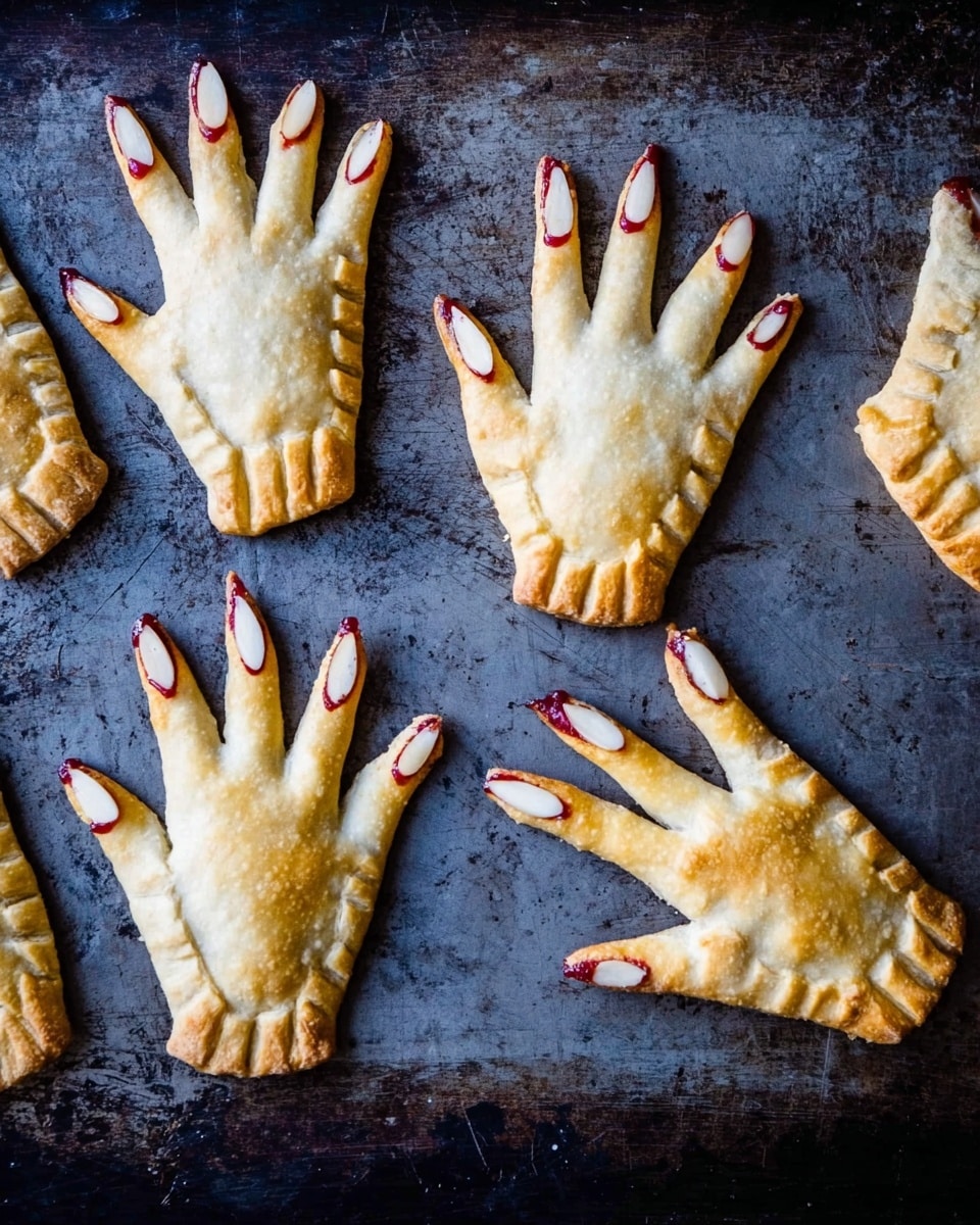 Several hand-shaped pies are placed over a white marbled surface. Each pie has five fingers with golden-brown crusts, and each fingertip is topped with a sliced almond. There is a dark red filling that looks like jam or jelly visible around the almonds and some filling is oozing from one hand that is broken in a half-circle shape, showing the smooth and shiny texture inside. The edges of the pies are sealed with fork marks, giving a detailed texture to the crust. The overall colors are warm golds and light browns from the crust, white for the almonds, and deep red from the filling. Photo taken with an iphone --ar 4:5 --v 7
