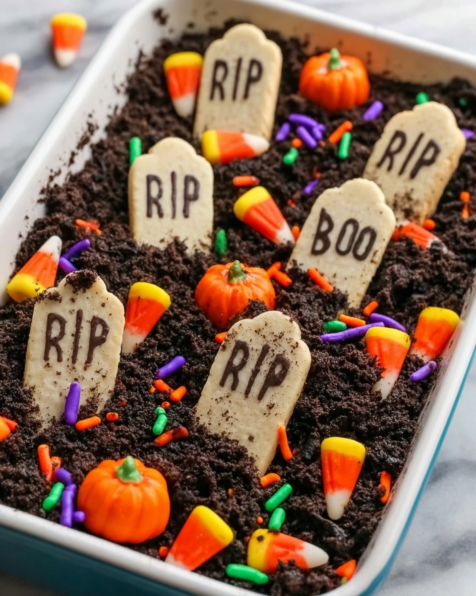 A white rectangular dish filled with a dark, crumbly layer resembling soil made from crushed cookies. Five cookie tombstones stand upright in the