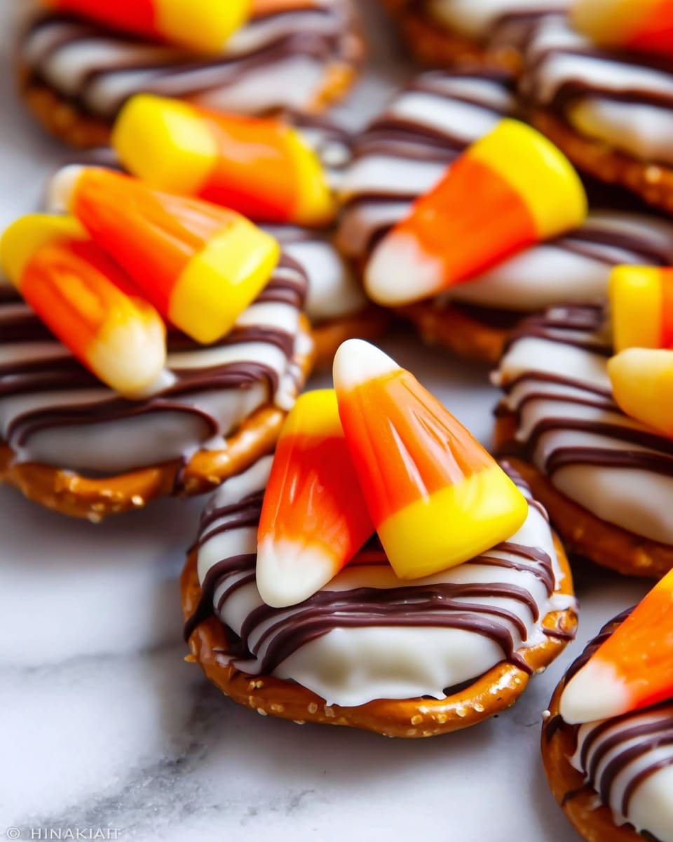 This image shows small round pretzels as the base layer, which are light brown and crunchy in texture. On top of each pretzel, there is a piece of white chocolate with thin, dark brown chocolate stripes swirling over it, creating a smooth, shiny layer that slightly melts over the pretzel. The upper layer is a candy corn piece, which has three colors: bright yellow at the bottom, orange in the middle, and white at the pointed tip. The candy corn sits in the center of each pretzel stack, standing out with its bright colors. The background is a white marbled surface, adding a clean, bright look to the photo taken with an iphone --ar 4:5 --v 7