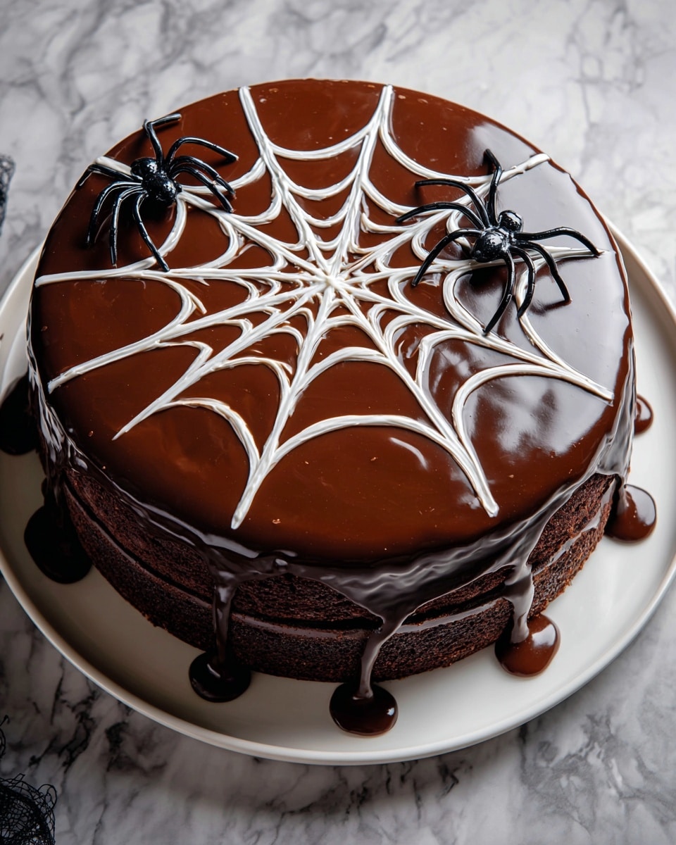 A round chocolate cake with two thick dark brown layers is covered in shiny chocolate glaze that drips down the sides. On top, there is a white spider web pattern drawn on the chocolate glaze, spreading from the center to the edge. Two small black plastic spider decorations sit on the top of the cake. The cake is placed on a white plate and set on a white marbled surface. photo taken with an iphone --ar 4:5 --v 7