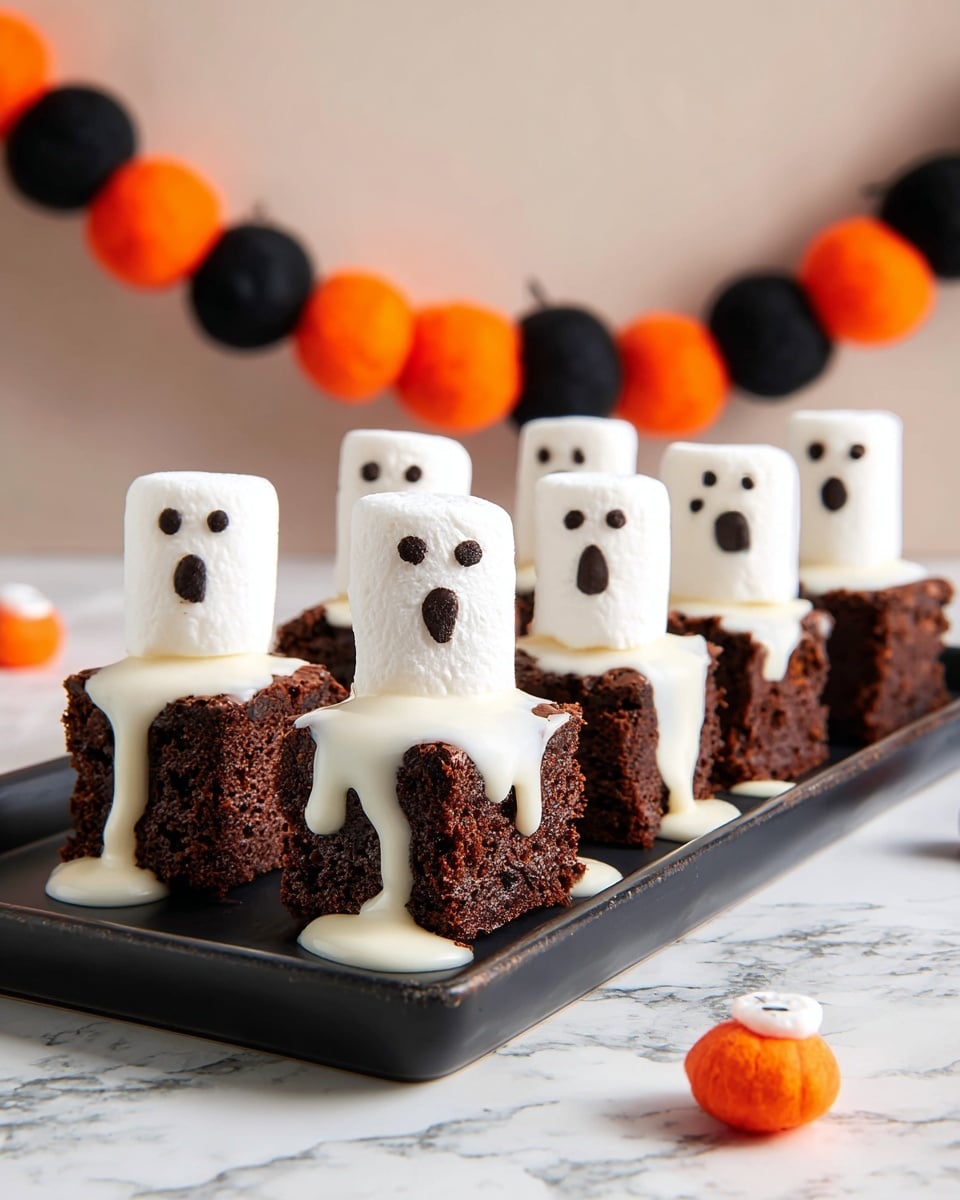 The image shows several small square pieces of dark brown chocolate brownie arranged in a row on a long black tray. Each brownie piece is topped with white icing that drips down the sides, creating a melting effect. On top of the white icing, a large white marshmallow stands upright on each brownie, decorated with three small black dots to look like ghost eyes and an open mouth. The background is a white marbled texture with a garland made of round orange and black felt balls scattered around. photo taken with an iphone --ar 4:5 --v 7