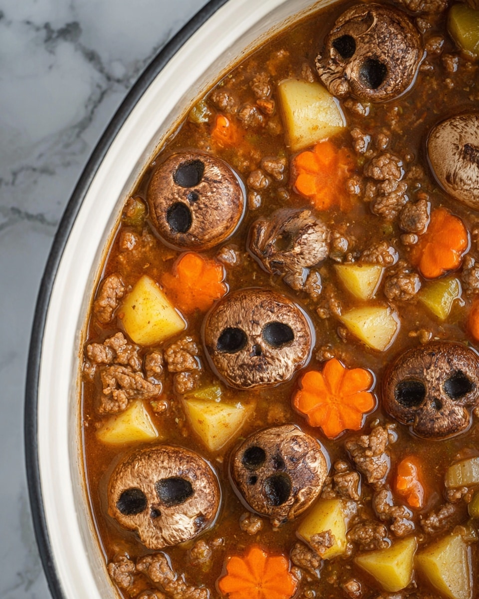 A white bowl filled with a brown broth soup that has many ingredients floating on top. The soup contains chunks of light yellow potatoes, sliced bright orange carrots, brown whole mushrooms with visible gills, and small pieces of ground meat scattered throughout. The broth is clear enough to see all these components mixed together, creating a warm and hearty appearance. The bowl sits on a white marbled surface. photo taken with an iphone --ar 4:5 --v 7