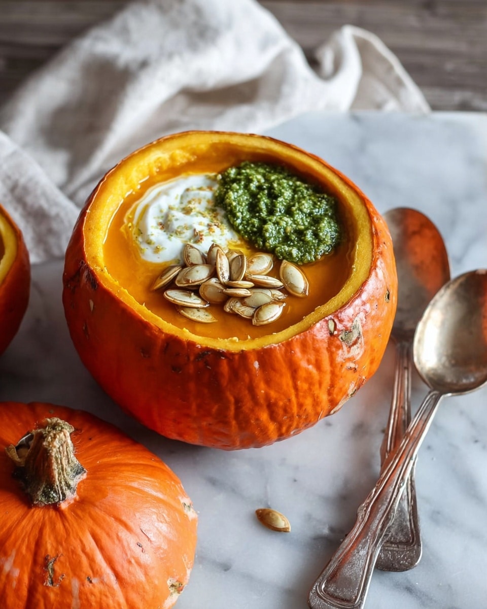 The image shows two small pumpkins with their tops removed, each filled with creamy orange pumpkin soup. On top of the soup in the foreground pumpkin, there is a swirl of white cream, a dollop of bright green pesto, and a few toasted pumpkin seeds arranged in the center. The pumpkins have a smooth, firm texture and a rich orange color. They sit on a dark wooden surface with a white cloth and metal spoon nearby. The background also has other pumpkins, some whole and some with tops off, all placed on the dark wood. The whole scene is set on a white marbled surface. photo taken with an iphone --ar 4:5 --v 7