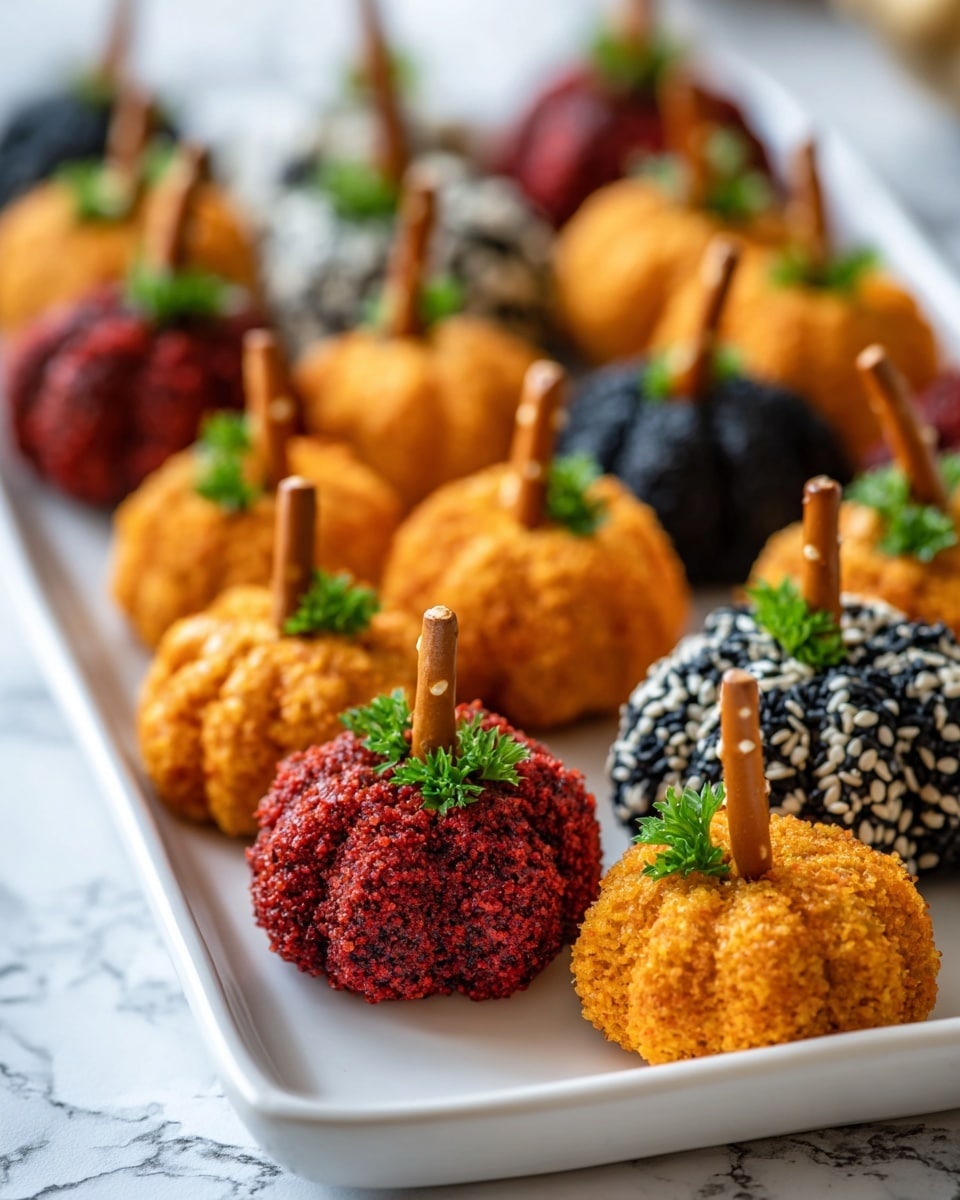 The image shows a white rectangular plate filled with small pumpkin-shaped cheese balls arranged neatly in rows. There are three types of pumpkins: one covered in bright orange crumb coating, one covered with black and white sesame seeds, and one coated with red powder. Each pumpkin has defined ridges to mimic the shape of a pumpkin, with a pretzel stick standing upright in the center as the stem. Small green parsley leaves are attached near the top of some pumpkins for decoration. The plate is set on a white marbled surface, with round beige crackers scattered nearby. Photo taken with an iphone --ar 4:5 --v 7