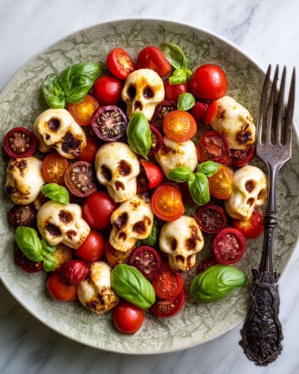 A large round beige plate holds a mix of grilled gnocchi pieces shaped like skulls, with dark grill marks on their surface, scattered evenly over the plate. Bright red cherry tomatoes, some halved showing juicy interiors with seeds, are mixed throughout the dish. Small fresh green basil leaves are placed on top and around the gnocchi and tomatoes, adding a pop of bright green color. The plate sits on a woven green mat with a white marbled background. Two black decorative items shaped like claws are placed to the side. Photo taken with an iphone --ar 4:5 --v 7