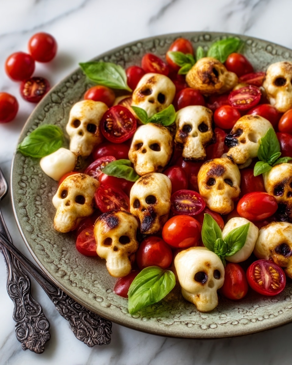 The dish is presented on a white plate with a brown rim, placed on a white marbled surface. It shows two layers of ingredients: the first layer includes small, round, bright red cherry tomatoes, some whole and some cut in half, scattered all over the plate. The second layer features small white pasta pieces shaped like skulls, lightly grilled with brown grill marks, evenly mixed with the tomatoes. Fresh green basil leaves are placed on top, adding a touch of color and freshness. Photo taken with an iphone --ar 4:5 --v 7