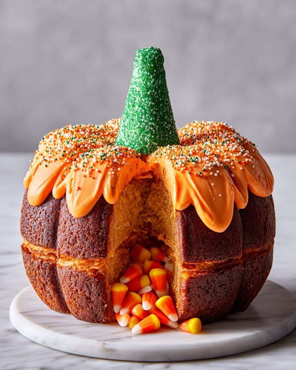 The image shows a two-layer dark brown cake shaped like a pumpkin with detailed ridges, sitting on a white marbled surface. The cake is frosted with thick orange icing dripping over the edges of the top layer, covered with small round orange sprinkles. At the center of the top layer is a tall, green sugary textured cone that looks like the pumpkin’s stem. The orange icing also separates the two layers. The lighting highlights the moist texture of the cake and the vibrant colors of the frosting and sprinkles. photo taken with an iphone --ar 4:5 --v 7