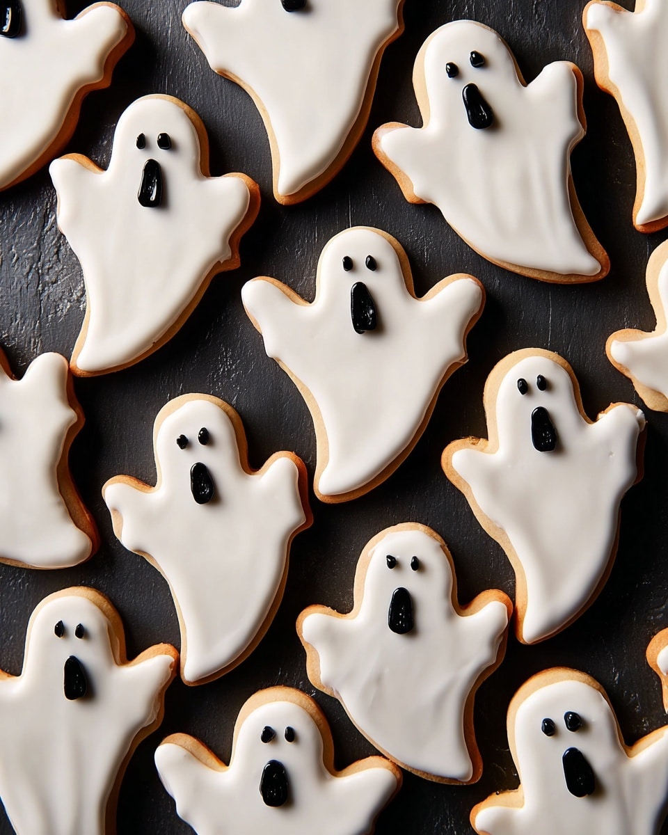 The image shows several ghost-shaped cookies with smooth white icing covering the entire top layer, showing a light brown edge from the cookie base. Each ghost cookie has two small round dark dots for eyes and one larger dark round dot for a mouth, placed near the top center of the cookie. The cookies are closely arranged, overlapping slightly on a black background. The icing surface is shiny and smooth, giving a clean look to the cookies. Photo taken with an iphone --ar 4:5 --v 7