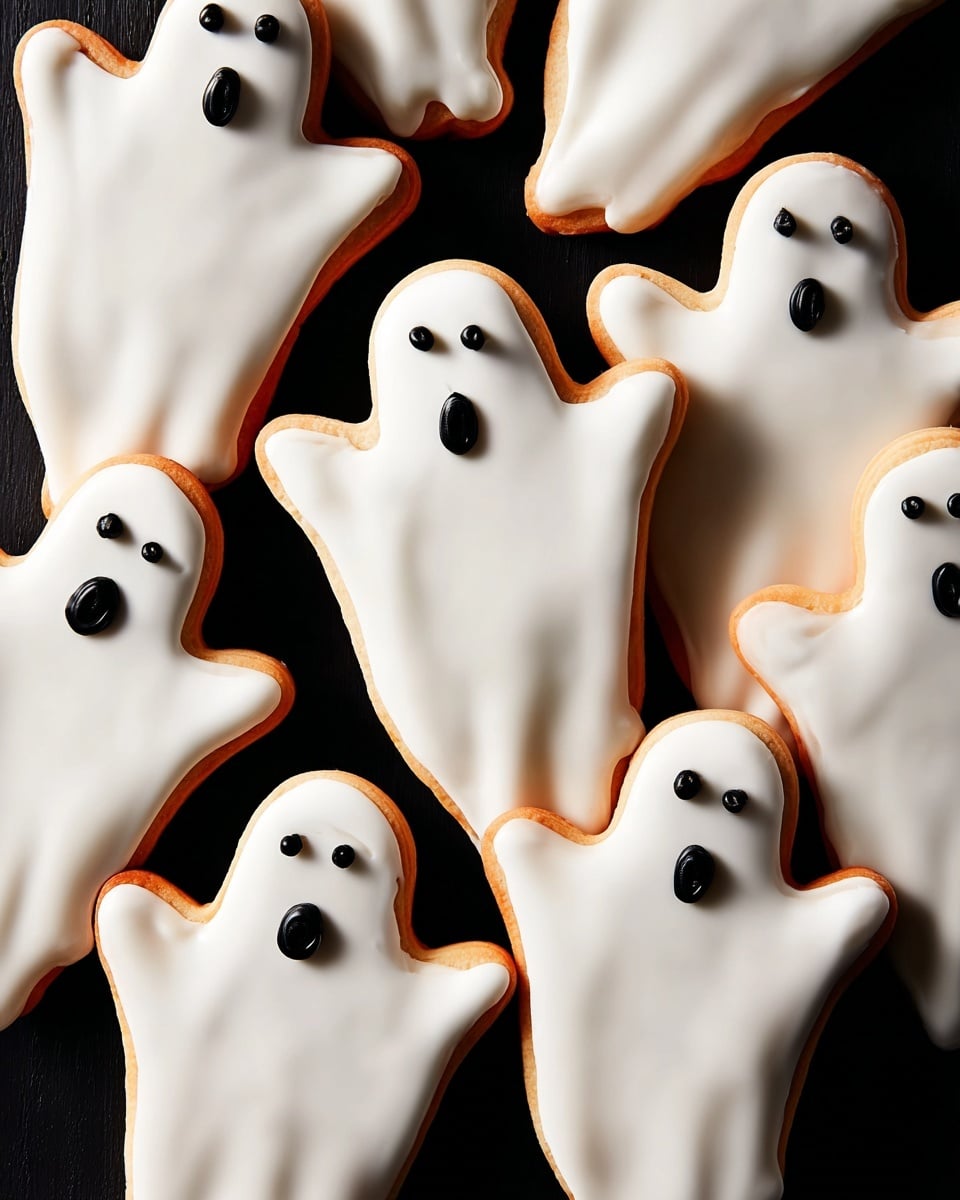 The image shows many ghost-shaped cookies with smooth, white icing covering the entire top surface of each cookie. Each cookie has two small black dots for eyes and a larger black oval mouth, giving them a surprised expression. The cookies are a light golden brown on the edges, and they overlap each other on a dark background that contrasts with the bright white icing. The ghost shapes have rounded arms and a waving form, creating a playful and spooky look. Photo taken with an iphone --ar 4:5 --v 7