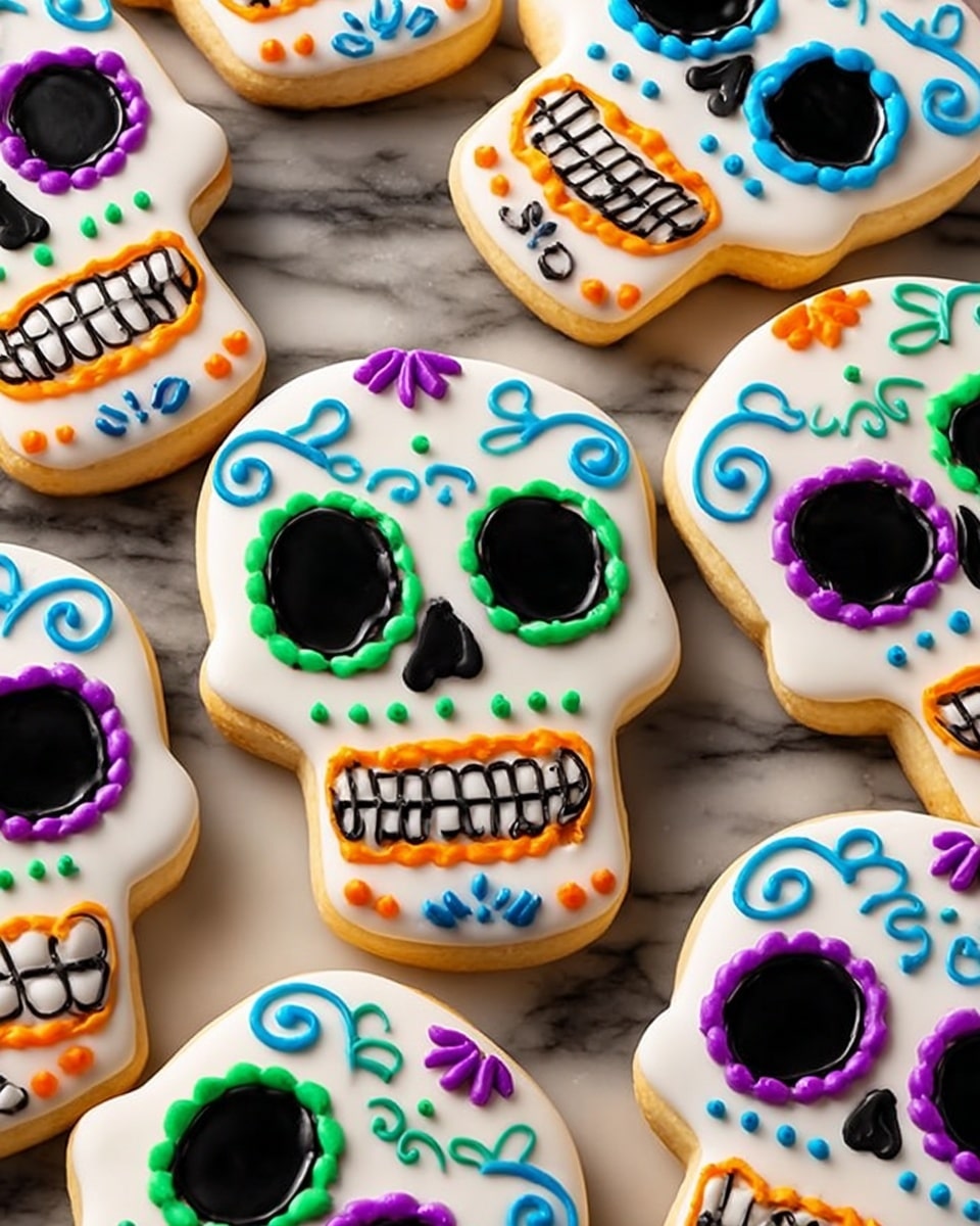 The image shows a close-up view of several sugar skull cookies decorated with white icing as the base layer. Each skull has different colorful icing designs on top, including black shapes for eyes, nose, and teeth, with dots and swirls in bright colors like purple, green, yellow, orange, and blue arranged around the eyes and forehead. The cookies are placed closely together on a wooden surface, creating a warm contrast with the white icing and vivid decoration colors. The texture of the icing looks smooth and glossy, emphasizing the neat and playful skull faces. photo taken with an iphone --ar 4:5 --v 7