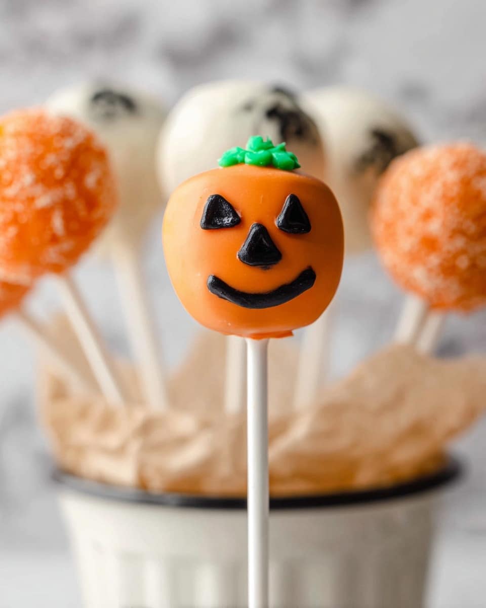 The image shows Halloween-themed cake pops arranged in a clear glass container filled with light brown shredded paper. The cake pops have three types of designs: one is covered in white icing with small round eyes looking slightly surprised; another is orange with a jack-o'-lantern face and a small green stem on top; the last one is coated in chocolate and decorated with bright orange sprinkles. The sticks are white, and the container is adorned with a black ribbon with white polka dots. The background features a white marbled surface. photo taken with an iphone --ar 4:5 --v 7