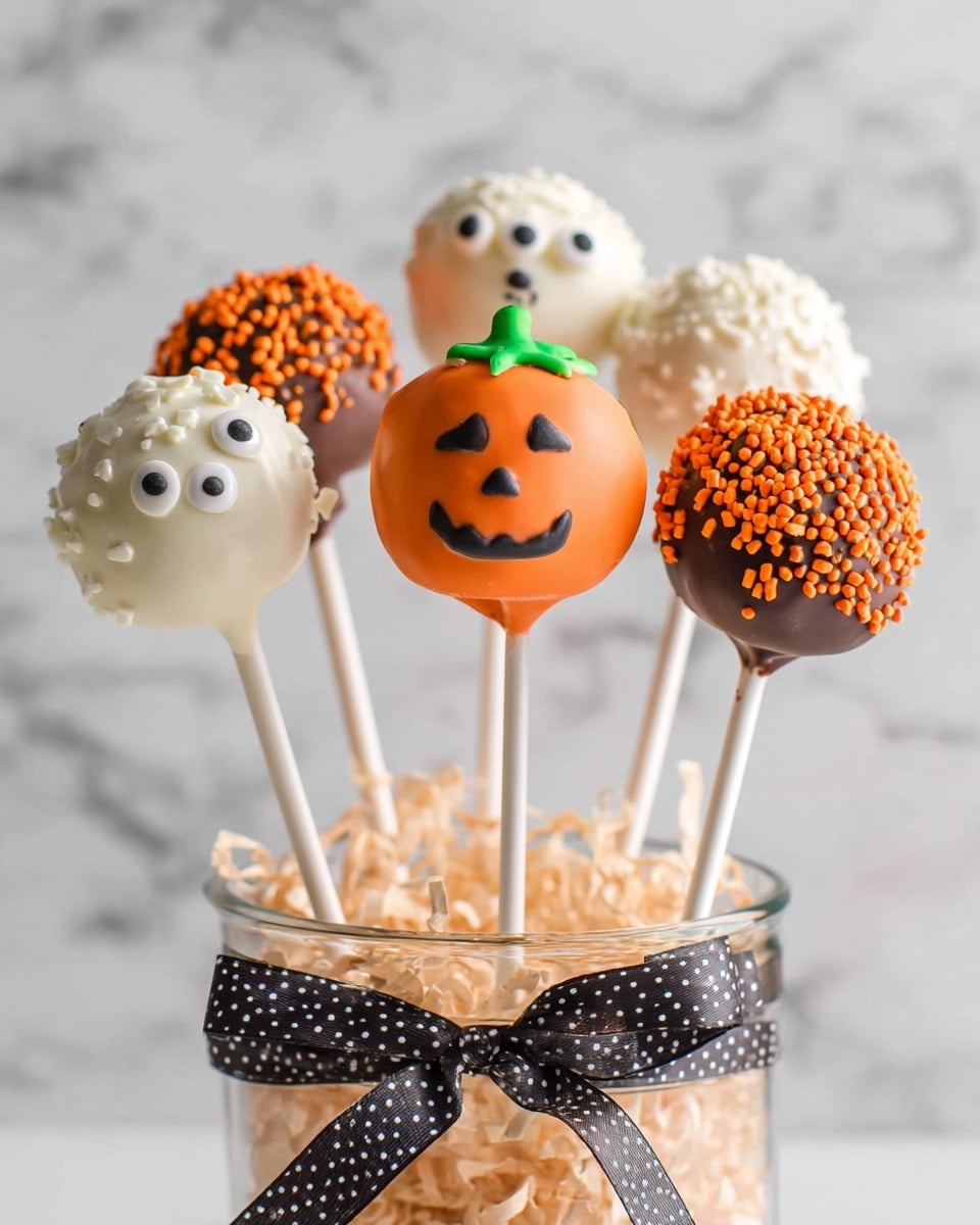 The image shows seven cake pops standing upright in a clear glass jar filled with tan shredded paper. The jar is wrapped with a black ribbon with white polka dots tied into a bow. There are three types of cake pops: two are white with eyes and textured lines, resembling mummies; three are dark brown with small orange round sprinkles covering the surface; two are pumpkin-shaped with smooth orange icing, green icing on top as the stem, and black icing faces drawn on them. The whole setup is on a white marbled surface. Photo taken with an iphone --ar 4:5 --v 7