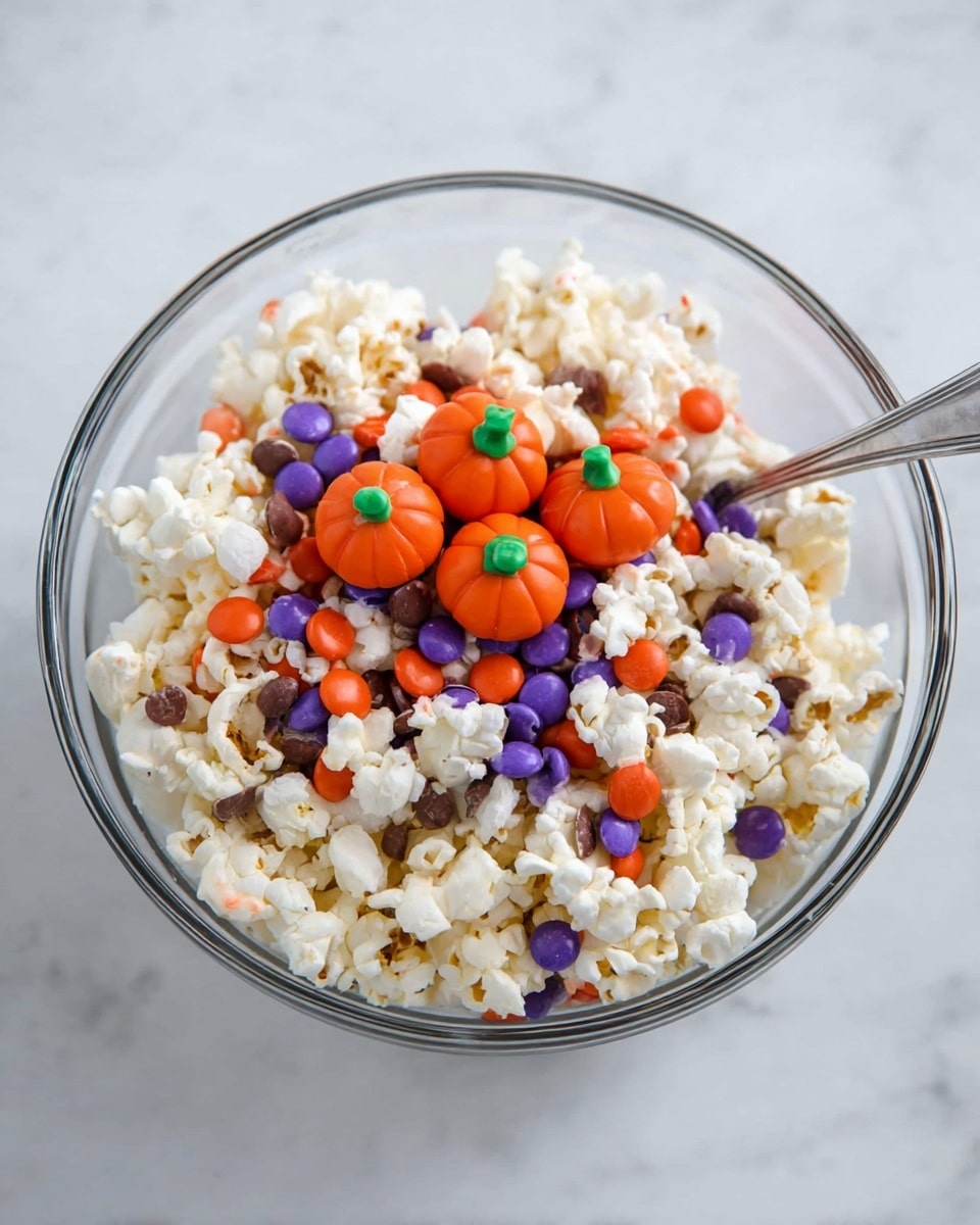A close-up view of a pile of white popcorn mixed with small candy pieces. The popcorn is fluffy with a light texture and scattered evenly throughout the image. The candy pieces include bright orange pumpkin shapes with a green top layer, round purple candies, and round white candies with red stripes. All the items are sitting on a flat surface with a soft, white marbled texture. The colors contrast so the orange pumpkins stand out clearly against the white popcorn and marbled background photo taken with an iphone --ar 4:5 --v 7