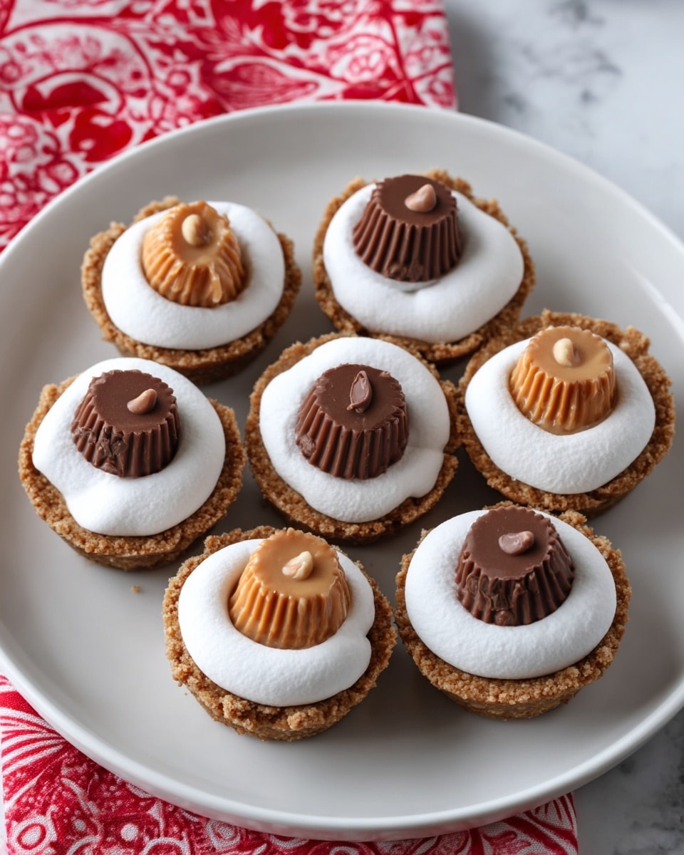 A close-up view of a dark non-stick muffin tray filled with small round treats. Each treat has three layers: the bottom layer is a crumbly brown cookie. On top of that is a thick white layer of marshmallow, shaped like a ring with a smooth texture. The top layer is a chocolate candy, either a milk chocolate peanut butter cup or a dark chocolate kiss, placed in the center of the marshmallow ring. The tray sits on a white marbled surface. photo taken with an iphone --ar 4:5 --v 7