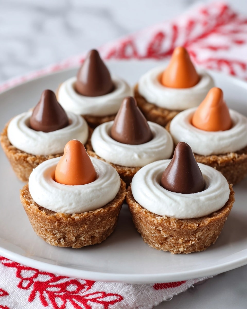 The image shows six small round treats arranged on a white plate with a white marbled surface underneath. Each treat has a crumbly brown base that looks like a small cup, filled with a thick ring of smooth white frosting on top. Inside the frosting ring, there is either a smooth brown chocolate or light orange candy shaped like a teardrop, standing upright in the center. The treats are arranged in two rows of three, with alternating colors of the candy on top. A red and white patterned cloth is partly visible in the background. Photo taken with an iphone --ar 4:5 --v 7