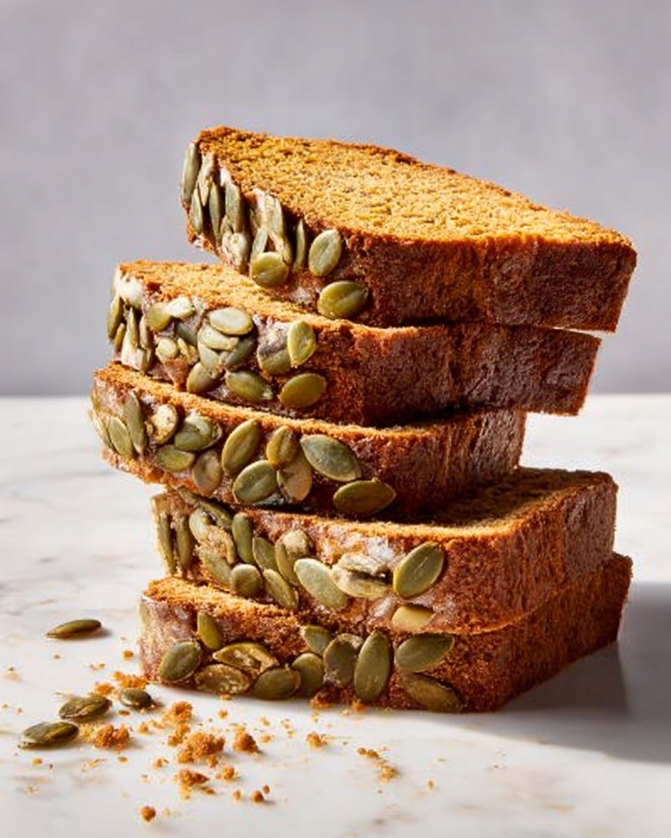 The image shows a loaf of pumpkin bread with several slices cut and laid out in front of the main loaf on a white cutting board. The bread has a rich, warm brown color with a soft, slightly porous texture inside. The top layer of the bread is darker and topped generously with green pumpkin seeds, creating a slightly rough texture contrasting the smooth inside. The background is a white marbled surface with some crumbs scattered around the cutting board, adding a natural, fresh feel to the scene. photo taken with an iphone --ar 4:5 --v 7