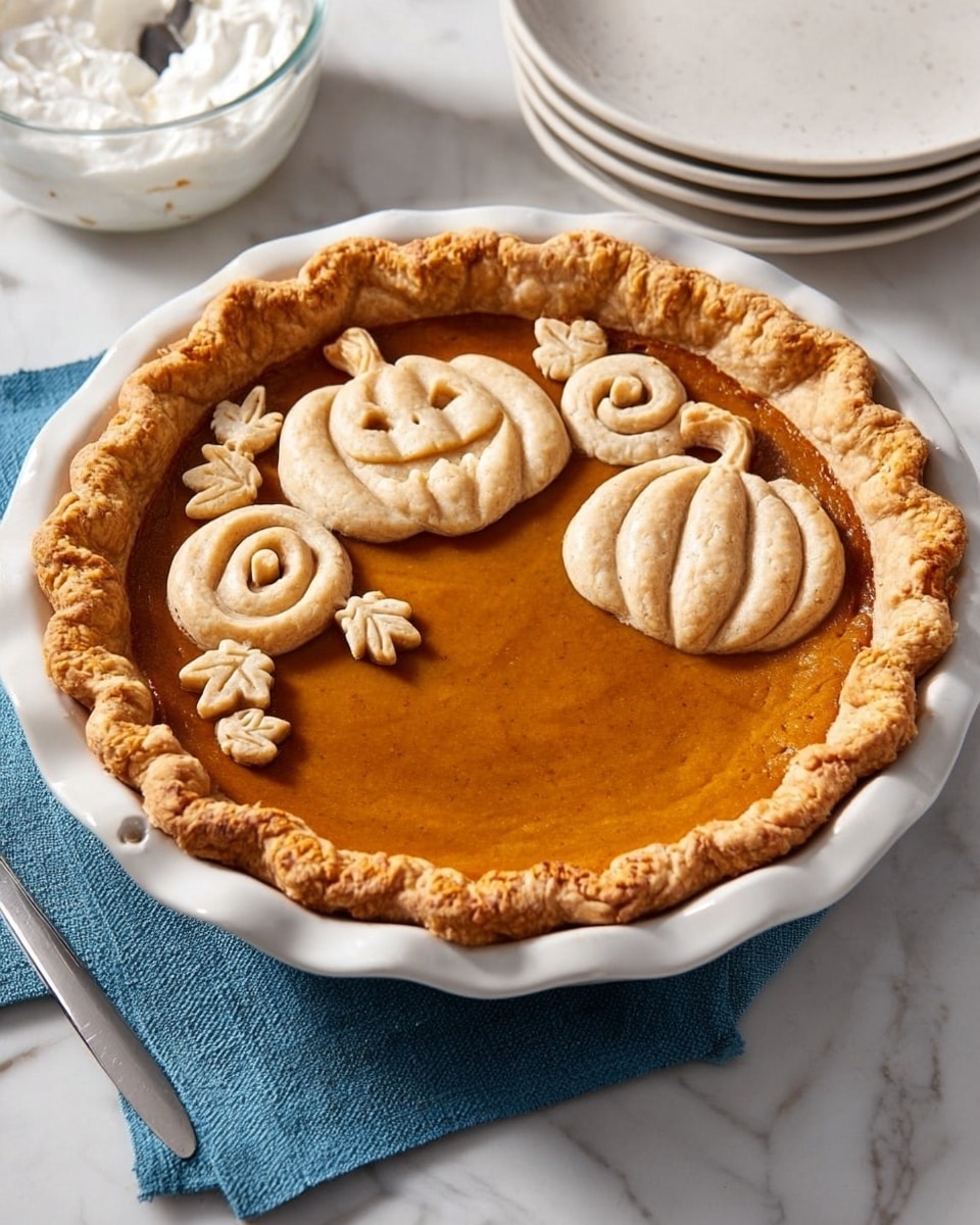 The image shows a white pie plate with a pumpkin pie inside. The pie has three main layers: a thick, golden-brown crust with a crimped edge, a smooth, deep orange pumpkin filling in the center, and decorative pastry shapes on top including two small pumpkin shapes and various swirls and leaves, all baked to a light golden color. The crust looks flaky while the filling appears creamy and firm. The pie is placed on a white marbled surface with a stack of white plates and a clear bowl of whipped cream in the background. A blue cloth and a silver knife are partially visible near the pie. Photo taken with an iphone --ar 4:5 --v 7