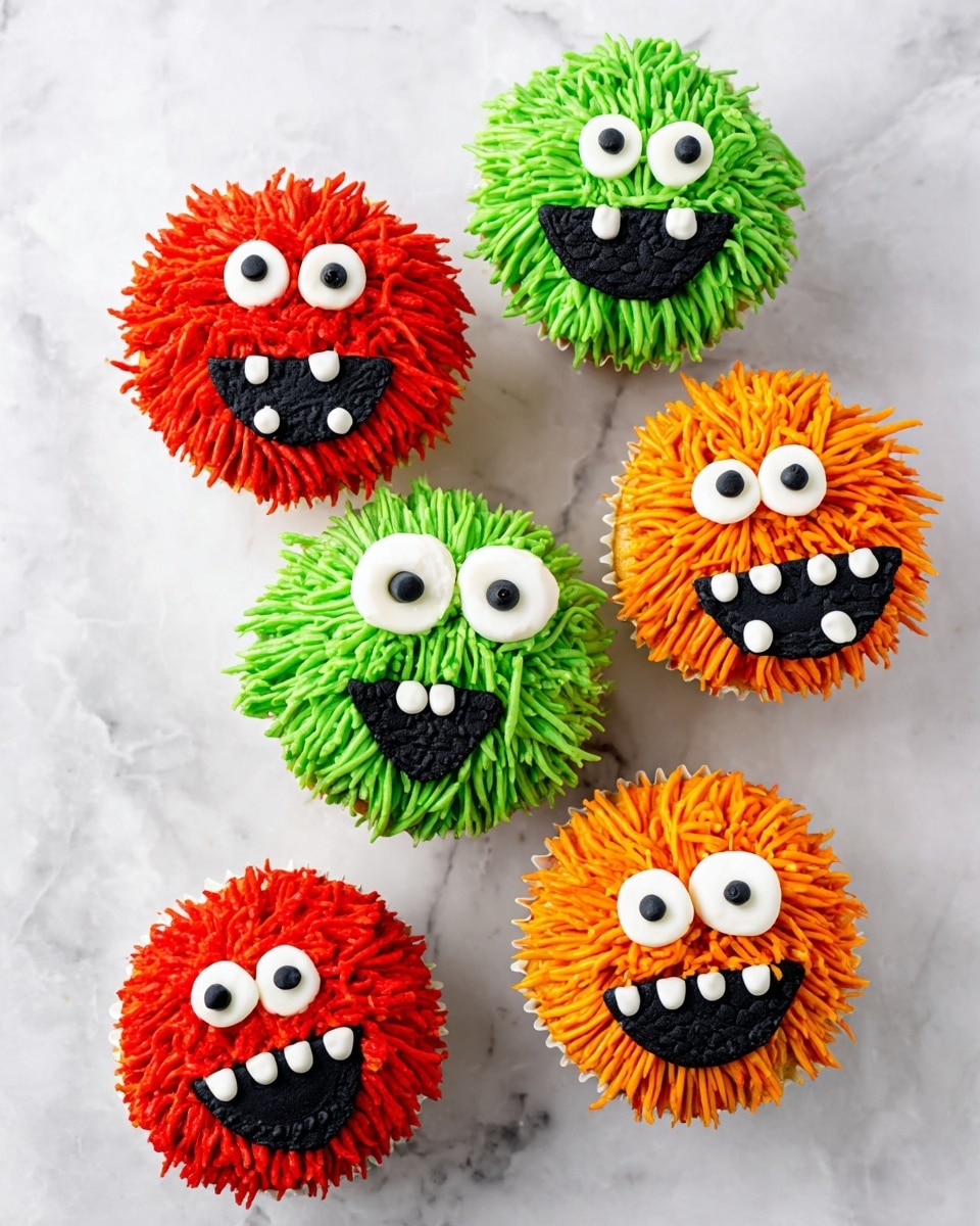 The image shows a close-up of a cupcake decorated as a green furry monster with thick green icing strands covering the entire top to create a fuzzy texture. The monster has two large white round eyes with small dark centers placed symmetrically near the top. Below the eyes is a big smiling mouth outlined with small white icing dots that form the teeth, inside of which is a dark textured area representing the mouth interior. The cupcake sits on a dark slate tray, with several other cupcakes blurred in the background featuring bright red and orange icing in a similar strand style and white liners. The surface beneath the tray has a white marbled texture. photo taken with an iphone --ar 4:5 --v 7