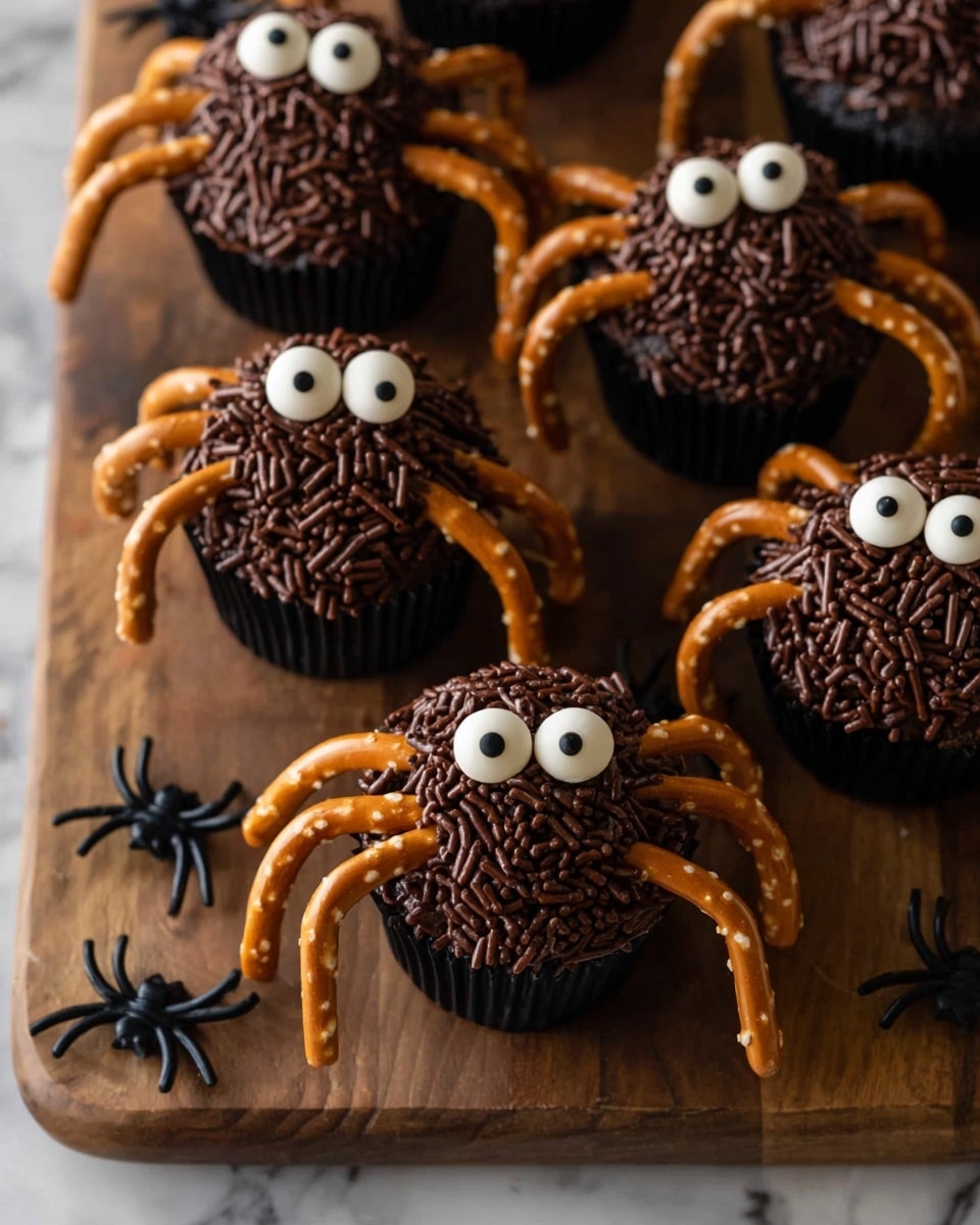 The image shows several spider-shaped cupcakes on a wooden board. Each cupcake has a black base and is topped with a rounded dome covered in dark brown chocolate sprinkles. There are eight pretzel legs sticking out from each side of the dome, curved downwards. On top of each dome, two round white candy eyes with black centers are placed, giving the cupcakes a fun and spooky spider look. The wooden board has small black plastic spider decorations around the cupcakes. The background is a white marbled texture. photo taken with an iphone --ar 4:5 --v 7