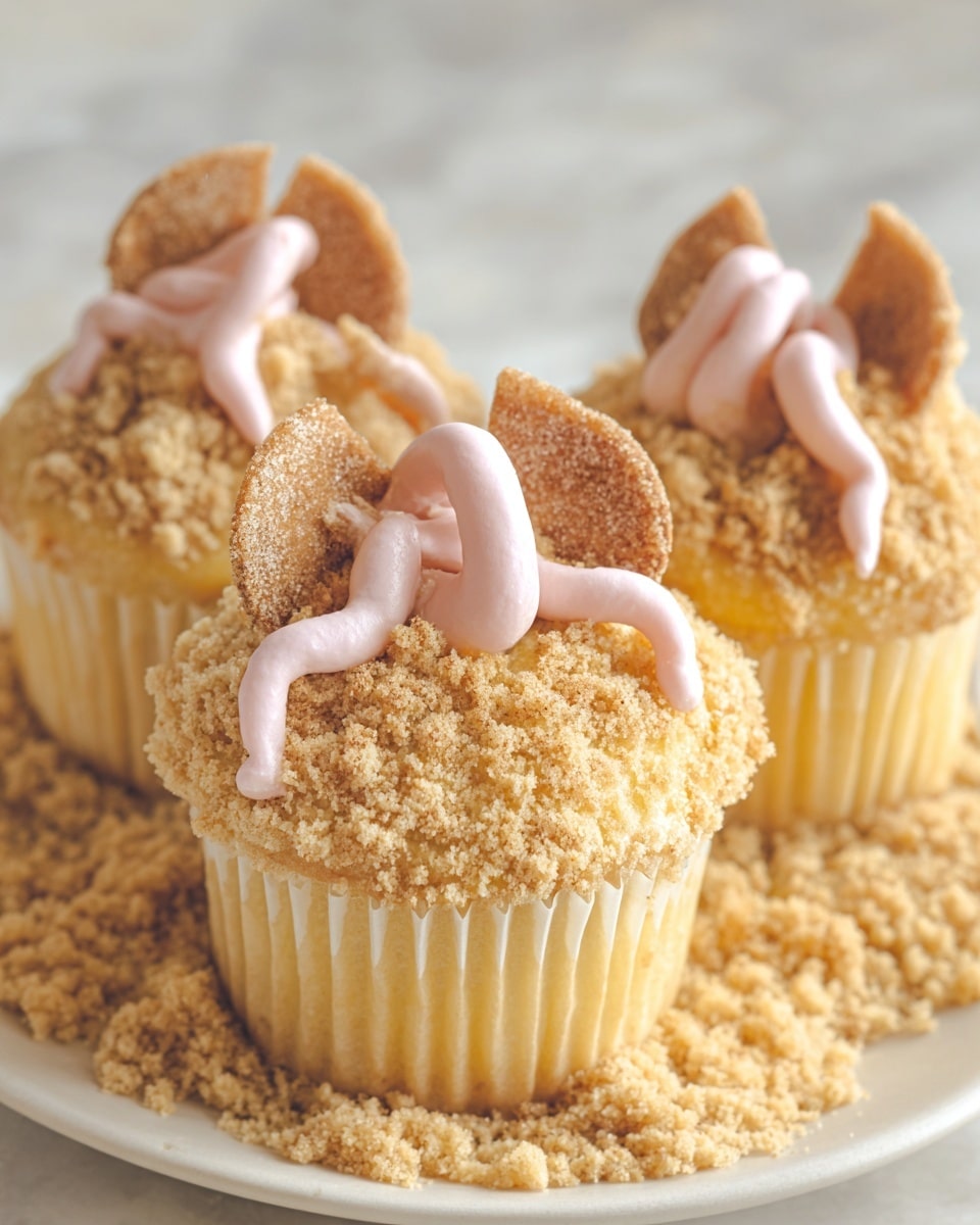 Three yellow cupcakes sit closely on a white plate with a white marbled surface below. Each cupcake has a thick crumbly light brown topping, resembling crushed cookies, covering the entire frosting layer. On top of the crumbs, there are small pieces of triangular light brown cookie placed at different angles. Light pink frosting is spread thinly and twisted around the cookie pieces in a loose, wavy pattern. Some crumbs have scattered lightly around the plate edges. Photo taken with an iphone --ar 4:5 --v 7