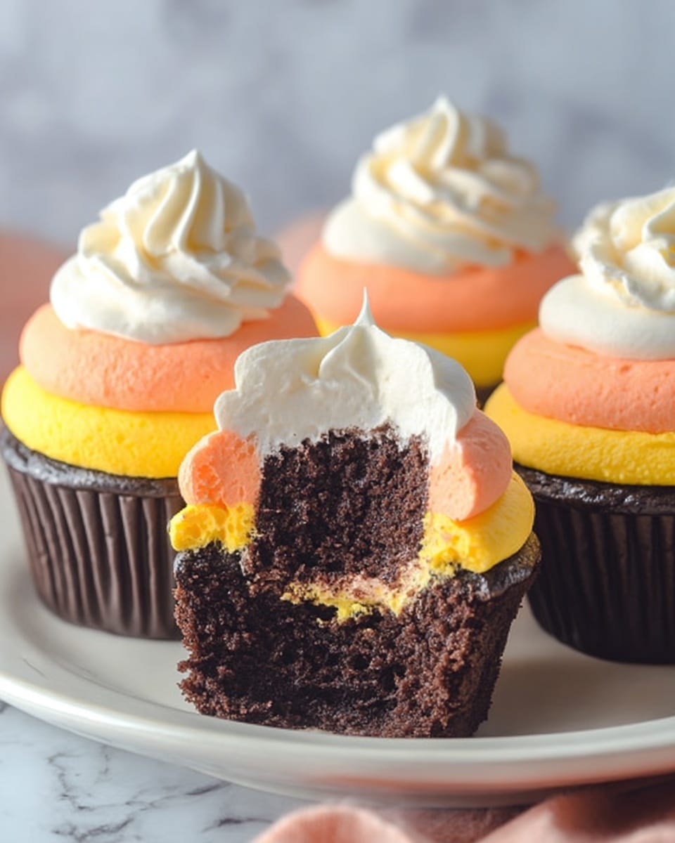 The image shows chocolate cupcakes with swirled frosting in three layers on top. The bottom frosting layer is smooth and yellow, the middle layer is smooth and orange, and the top layer is white and dolloped in a small swirl. The cupcakes are in dark brown liners and sit on a dark blue cloth with small white patterns. Small candy corns are placed beside the cupcakes. In the background, there are more cupcakes on a white plate against a white marbled surface. Photo taken with an iphone --ar 4:5 --v 7
