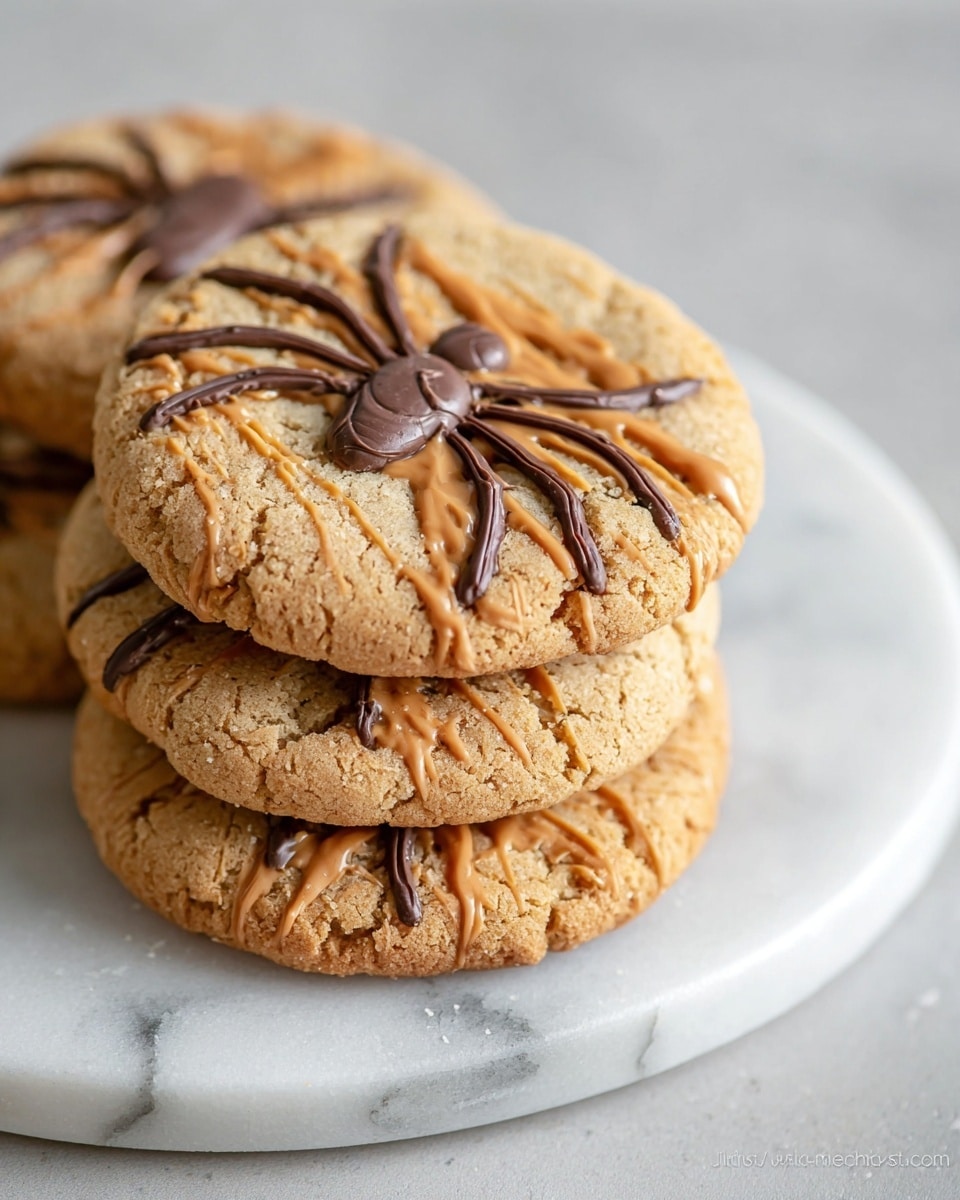 A white round plate holds a stack of five golden-brown cookies with a slightly cracked surface, each decorated with dark and light brown icing lines that resemble spider legs. The cookies are loosely piled, with one cookie on the bottom partially visible. Next to the cookies, on the plate, there is a small black decorative spider with a fuzzy texture and long legs. The plate is set on a white marbled surface with a piece of black lace fabric and a white cloth with black text partially visible nearby. Photo taken with an iphone --ar 4:5 --v 7