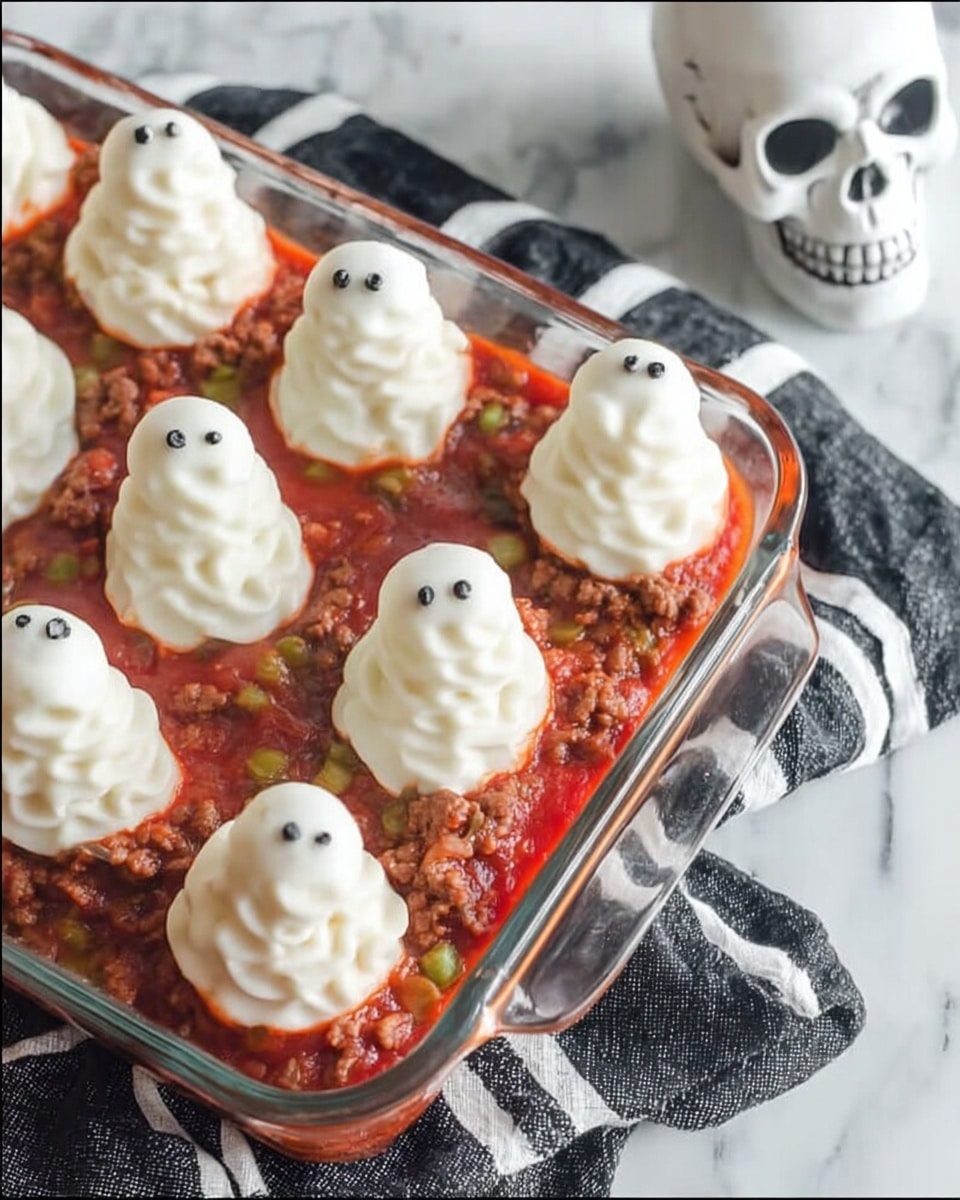 A clear glass rectangular casserole dish filled with a rich red tomato sauce mixed with ground meat and green beans. On top, there are nine dollops of creamy white mashed potatoes, each shaped in a swirl with three small black pepper seeds in the center. The dish is placed on a black and white striped cloth, next to a white skull decoration, and the background is a white marbled surface. Photo taken with an iphone --ar 4:5 --v 7