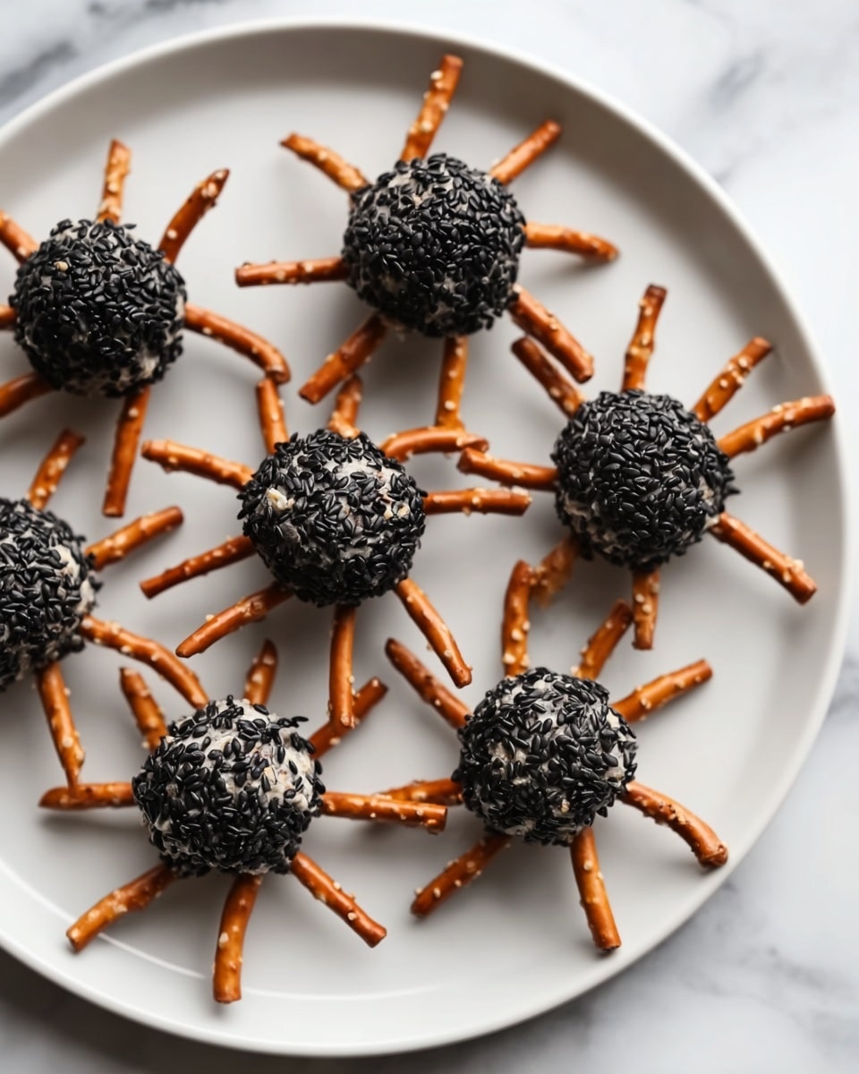 A close-up shows a woman's hand holding a gold cheese knife cutting into a dark ball covered in black and white seeds or crumbs, with several thin pretzel sticks sticking out like spider legs around the ball. In the background, clusters of light green grapes spill over a wooden board resting on a white marbled surface. More dark seed balls with pretzel sticks are placed nearby, and a piece of black netting fabric is draped casually beside them. The scene is softly lit, giving a cozy feel. photo taken with an iphone --ar 4:5 --v 7