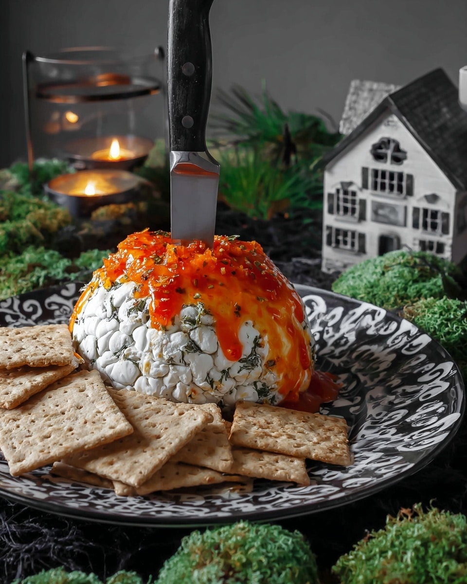 A dome-shaped white cheese ball with flecks of herbs is placed on a white plate with a black geometric pattern. The cheese ball is covered on top with a thick layer of bright orange and red sweet chili sauce that drips slightly down the sides. A large knife is stuck upright in the center of the cheese ball. Around the plate edge are light brown crackers scattered loosely. The surface under the plate is a white marbled texture with some dark green moss and light gray dried twigs arranged around it. Photo taken with an iphone --ar 4:5 --v 7