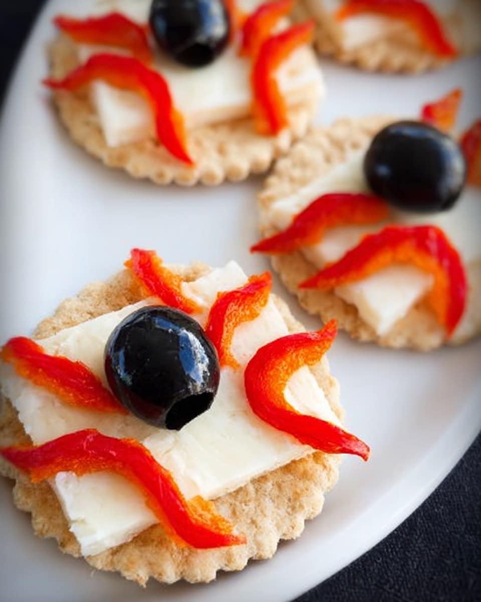 A small round piece of toasted bread forms the bottom layer, light golden brown with a slightly rough texture. On top, there is a smooth, oval-shaped white layer of sliced cheese. Resting on the cheese is a shiny black olive placed in the center. Around the olive, thin, curly strips of orange-red pepper are arranged in a loose, decorative pattern. The dish sits on a dark slate surface, highlighting the colors of the ingredients. photo taken with an iphone --ar 4:5 --v 7