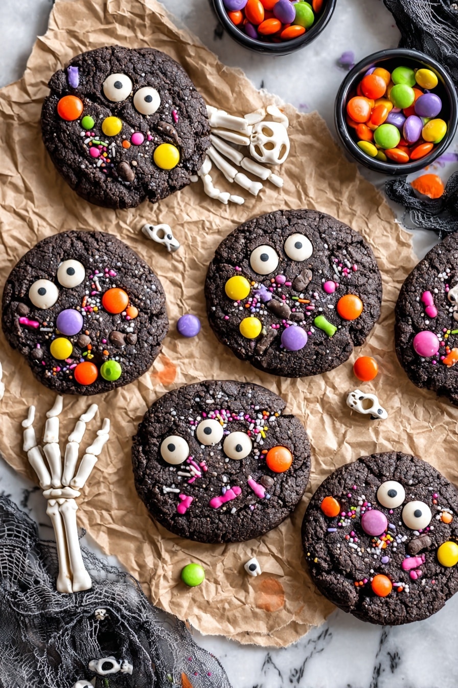 Eight round chocolate cookies with a slightly cracked surface are evenly spaced on a sheet of white baking paper on a metal baking tray. Each cookie is decorated with colorful candy pieces: bright red, yellow, green, orange, and purple round candies, some small white eye-shaped candies with black centers, and various tiny round and stick-shaped sprinkles in pink, orange, green, and purple. The cookies are dark brown with texture visible under the candies. The baking tray rests on a dark, textured surface that should be imagined as white marbled texture. photo taken with an iphone --ar 2:3 --v 7 - Halloween Cookies, Halloween Cookies Recipe, Festive Halloween Cookies, Spooky Halloween Cookie Ideas, Candy-topped Halloween Cookies