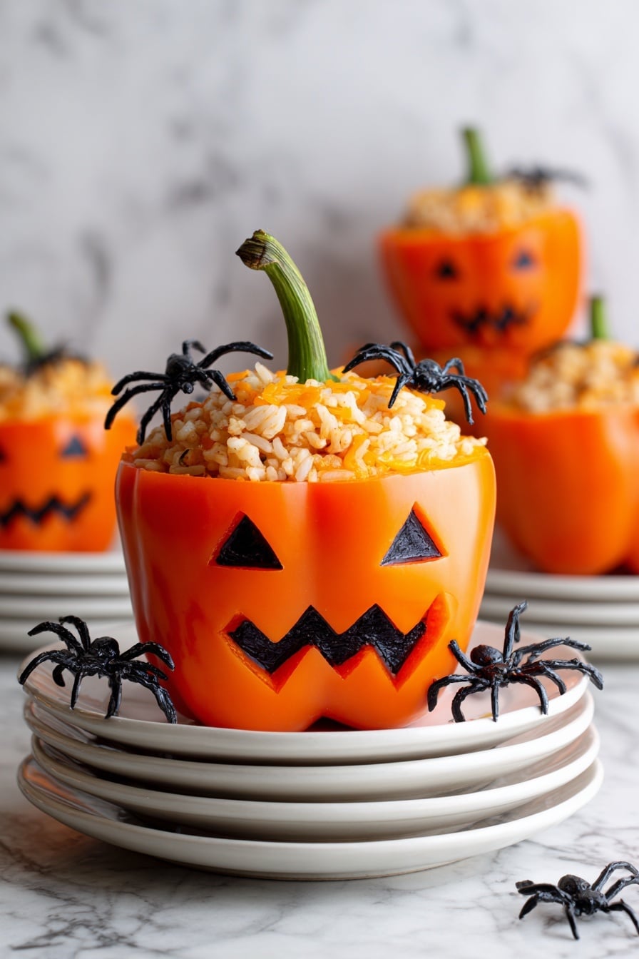 Six orange bell peppers carved to look like jack-o'-lantern faces sit upright in a white rectangular baking dish, each filled with a mixture of rice, black beans, and diced vegetables. The filling is topped with a layer of melted, light golden cheese that covers each pepper fully, slightly bubbling and browned in spots. The peppers have smooth, shiny textures, and the cut-out faces show triangle eyes and nose with a jagged mouth. The baking dish rests on a light woven cloth over a white marbled surface. photo taken with an iphone --ar 2:3 --v 7 - Jack-O'-Lantern Stuffed Peppers, Halloween stuffed peppers, festive stuffed peppers recipe, stuffed peppers for fall, healthy Halloween dinner