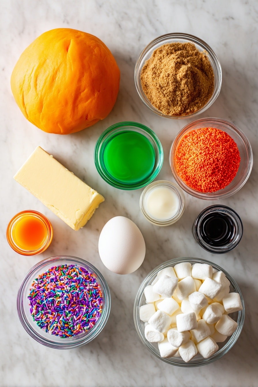 Flat lay of bright orange dough ball with smooth texture next to rich dark brown sugar mixed with cinnamon, a small pat of soft pale yellow butter, fresh large egg with smooth white shell, warm creamy milk in a small clear jar, vibrant green liquid food coloring in a tiny glass container, vivid orange and deep black food coloring drops in small glass bottles, colorful Halloween sprinkles with bright reds, purples, and oranges, and small white mini marshmallows with a fluffy texture, placed on white marbled surface, photo taken with an iphone --ar 2:3 --v 7 - Halloween Black and Orange Cinnamon Rolls with Spooky Decorations, Halloween cinnamon rolls, spooky Halloween treats, Halloween festive dessert, Halloween cinnamon roll ideas