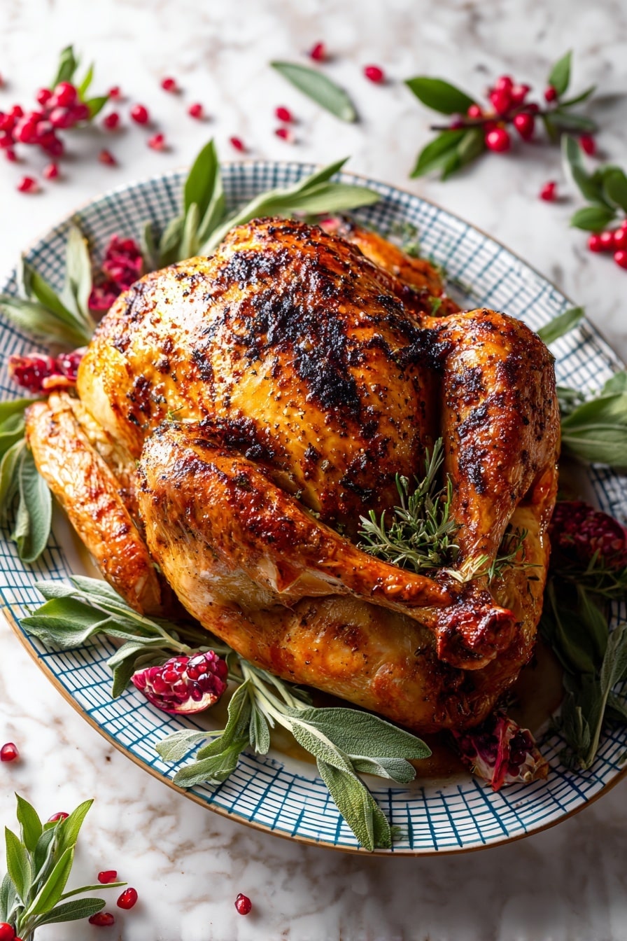 A white oval plate holds a sliced roasted chicken with golden brown crispy skin. The chicken is cut into several thick slices arranged in the center of the plate, with two whole browned drumsticks placed at the top and bottom edges. Around and between the chicken pieces are small pomegranate halves showing deep red seeds and fresh green sage leaves scattered all over. The plate sits on a white marbled surface. photo taken with an iphone --ar 2:3 --v 7 - The Best Grilled Turkey, grilled turkey recipe, juicy grilled turkey, smoky grilled turkey, holiday grilled turkey