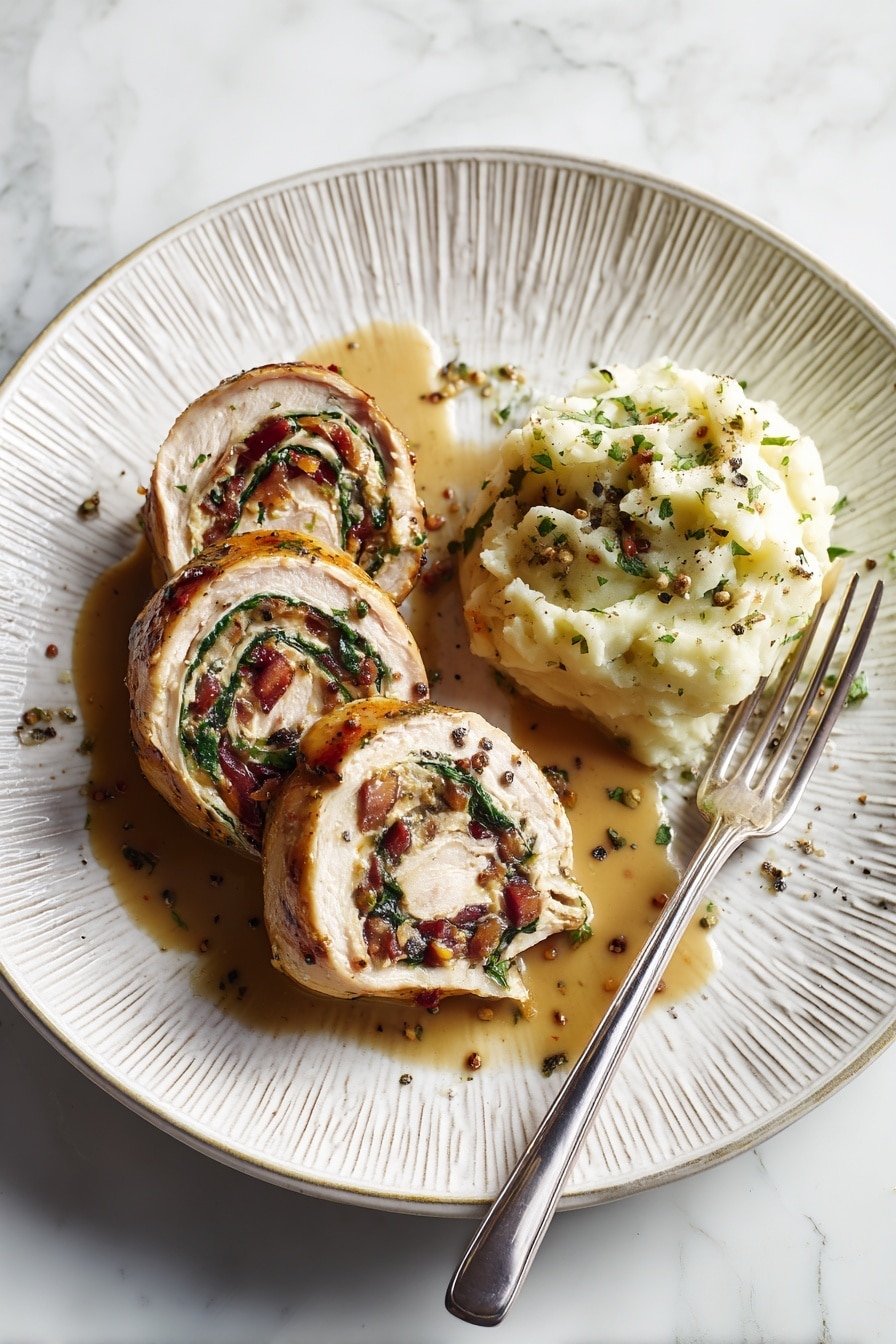 The dish shows two round slices of stuffed chicken rolled with a swirl of dark red and green filling, covered by a light brown gravy with small black pepper specks, placed on the left side of a white textured plate. The chicken's outer layer has a light brown color, and inside, the white meat is wrapped around a mix of dark red and green ingredients. On the right side of the plate is a creamy, pale mashed potato scoop sprinkled with green herbs and black pepper. A silver fork is resting on the right edge of the plate. The plate sits on a white marbled surface. photo taken with an iphone --ar 2:3 --v 7 - Prosciutto Wrapped Stuffed Turkey Breast, turkey breast recipe, holiday turkey, stuffed turkey breast, elegant poultry main dish
