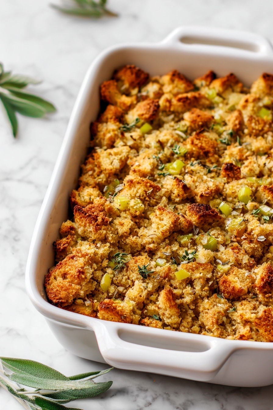 The image shows a baked stuffing dish in a white rectangular ceramic baking dish with a handle at the top labeled