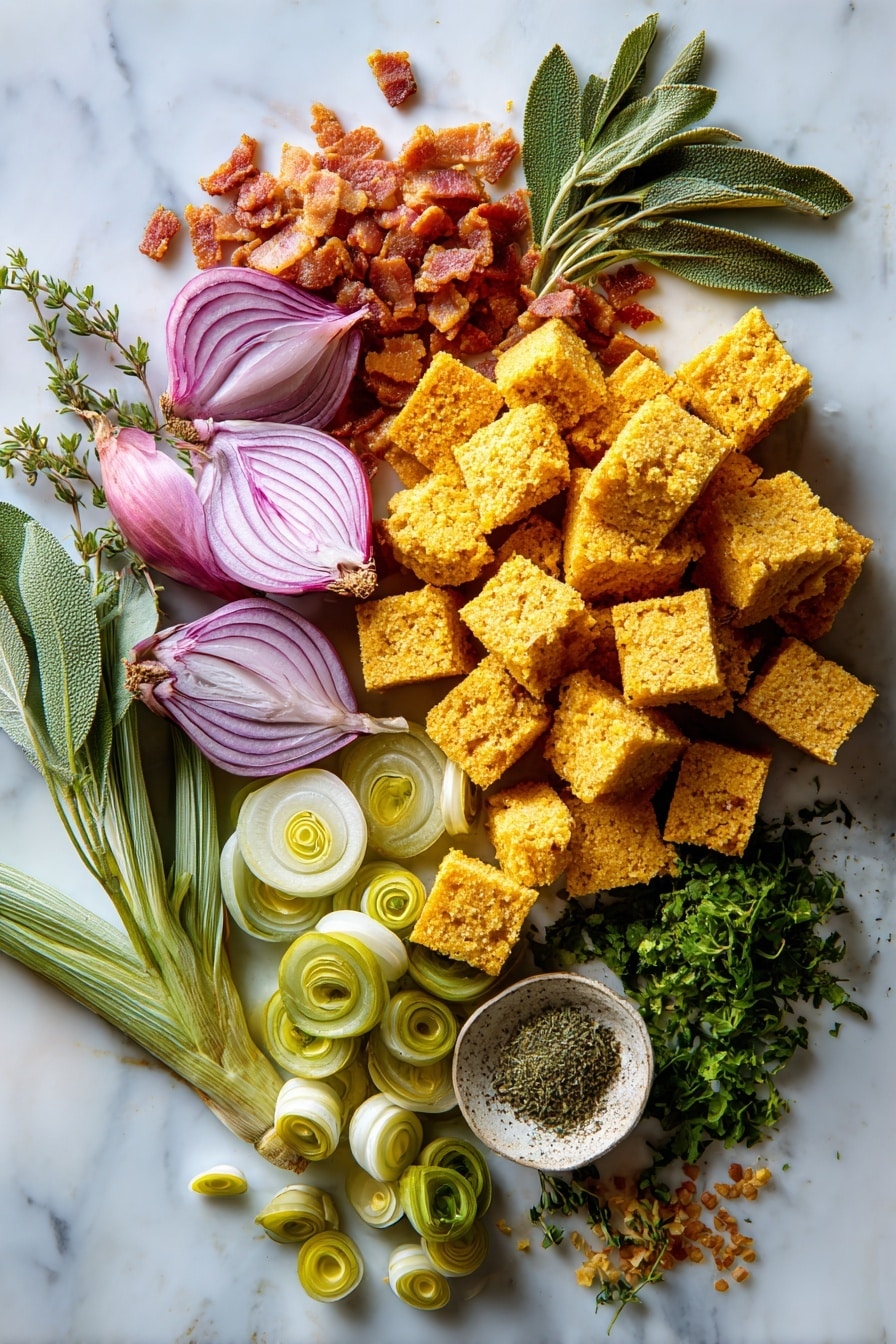 Flat lay of golden cubed cornbread with a crumbly texture, rustic cubed sourdough bread showing its airy crumb, crispy chopped bacon pieces with rich reddish-brown hues, vibrant purple-red chunks of red onion, pale pink shallot slices, delicate light green rings of thinly sliced leeks, fresh bright green sage leaves coarsely chopped, small sprigs of fresh thyme with tiny green leaves, and a handful of vibrant chopped parsley with deep green color, all beautifully arranged in a natural, slightly scattered pattern, placed on white marbled surface, photo taken with an iphone --ar 2:3 --v 7 - Double Bread Stuffing with Bacon, Sage, and Leeks, savory bread stuffing with bacon and sage, holiday stuffing recipes, flavorful bread side dish, leek and sage stuffing