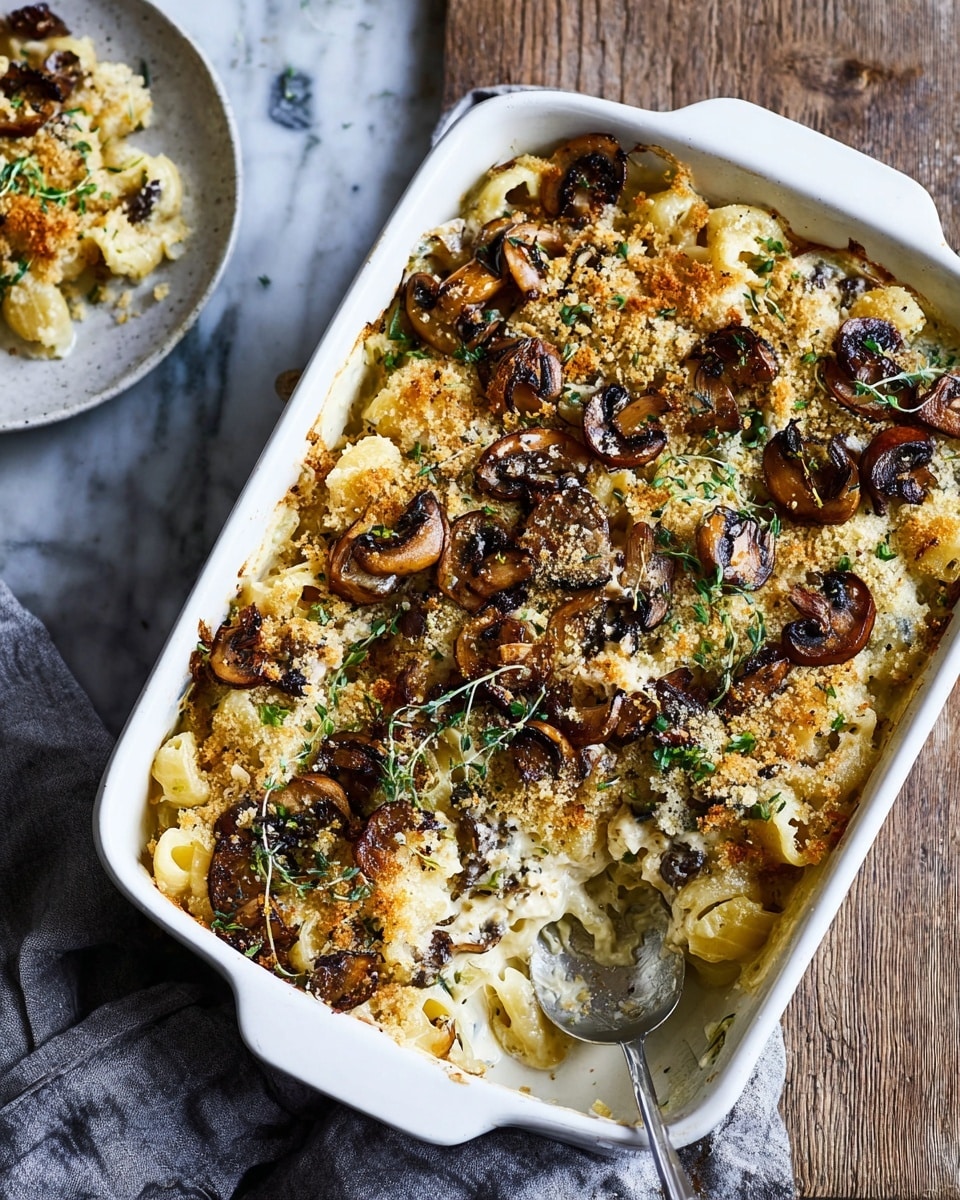 A white rectangular baking dish filled with a three-layer baked pasta dish, starting with pasta shells at the bottom, a creamy cheese sauce layer in the middle, and a top layer of browned breadcrumbs and sautéed wild mushrooms scattered across the surface. The mushrooms are golden brown with some darker crispy edges, and fresh green herbs are sprinkled lightly on top. A metal serving spoon is placed on the right side of the dish, inside the baking dish. The dish is set against a wooden surface with a gray cloth napkin nearby and a white marbled table underneath. In the background, part of a white plate with a serving of the pasta is visible. Photo taken with an iphone --ar 4:5 --v 7
