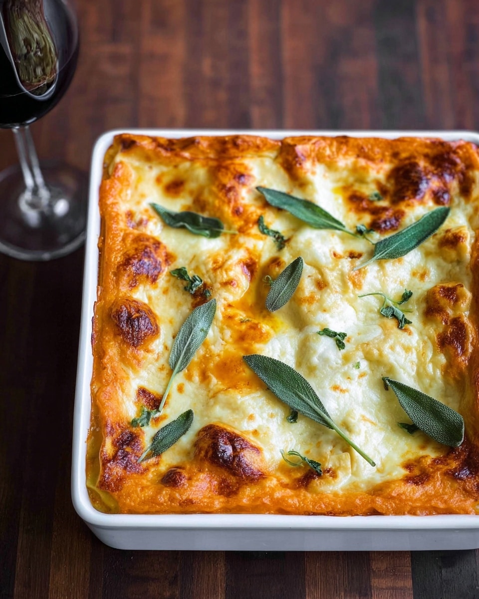 A white baking dish filled with layered lasagna, showing about three to four thick layers. The top layer is golden brown melted cheese with slightly browned edges, dotted with fresh green sage leaves spread evenly on top. Each layer beneath appears creamy with a mix of light orange sauce and white cheese, giving a soft texture look. The dish sits on a dark wooden surface with a white marbled background, and behind it, there are two glasses of red wine slightly out of focus. photo taken with an iphone --ar 4:5 --v 7