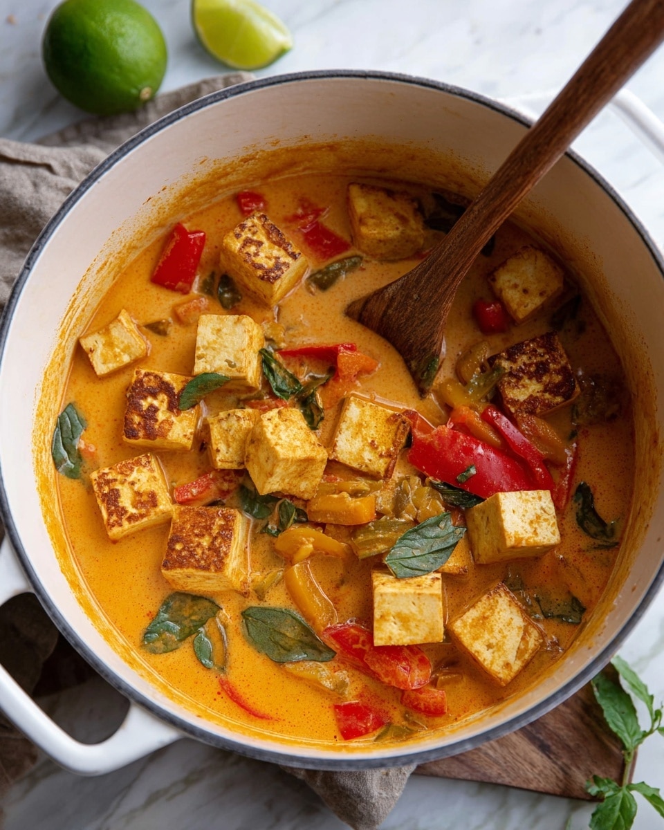 A white pot filled with a thick orange curry sauce with large cubes of tofu on top, some of which are browned. There are also bright red bell pepper pieces, green leafy herbs scattered throughout, and chunks of soft yellowish vegetables mixed in. A wooden spoon rests inside the pot. The pot sits on a white marbled surface with a halved lime and a green lime nearby. Photo taken with an iphone --ar 4:5 --v 7
