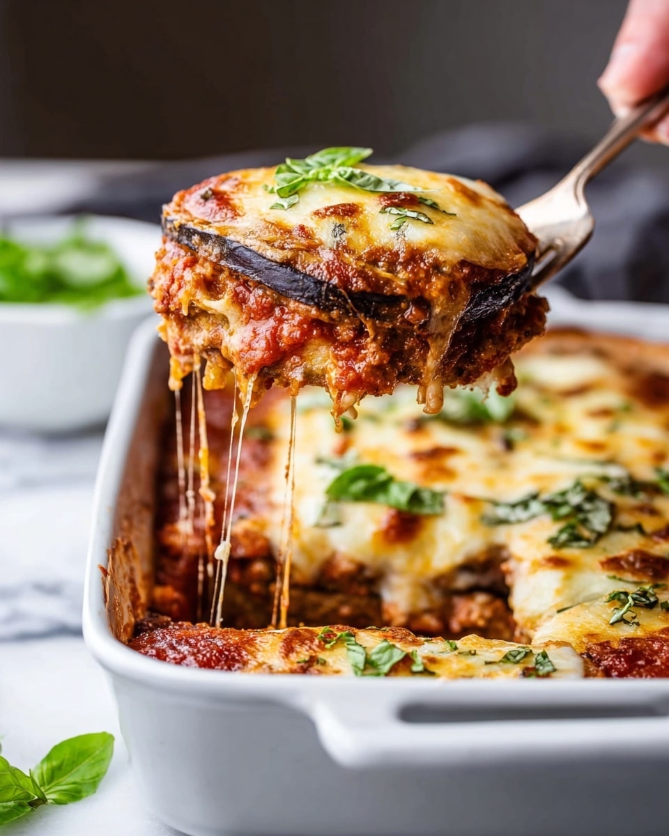 A round eggplant slice at the base has a dark purple, smooth skin and a soft, slightly browned inside. On top, there is a crumbly, browned layer of cooked breadcrumbs or a similar crust. Above that is a thick, bright red tomato sauce with chunks of tomato, and melted creamy white cheese covers the sauce, stretching down the sides in strings. The dish is garnished with a small fresh green basil leaf on top. It sits on a simple white plate placed on a white marbled surface, with another similar piece blurred in the background. photo taken with an iphone --ar 4:5 --v 7