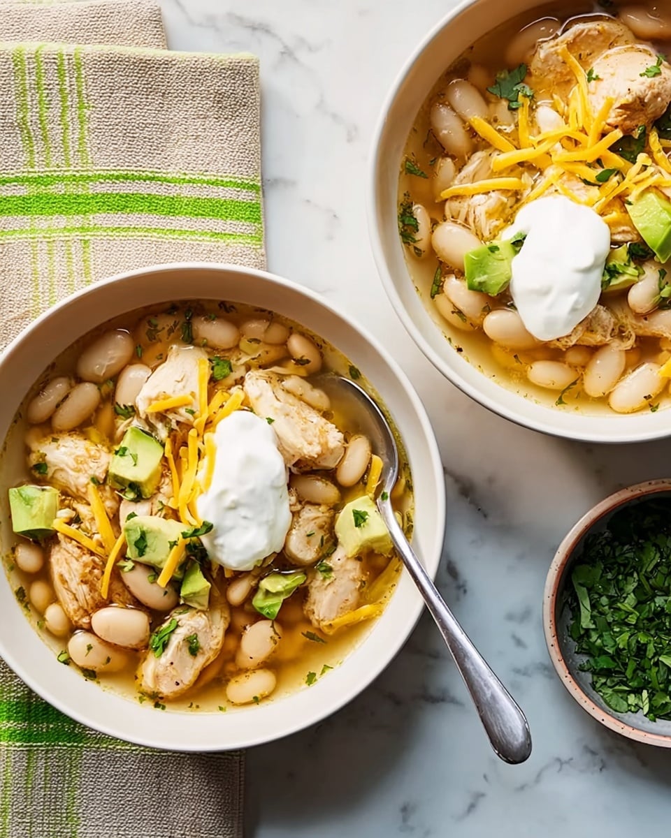 The image shows two white bowls filled with a hearty soup. Each bowl contains several chunks of light brown chicken pieces layered with many pale white beans spread throughout the broth. On top, there are shredded yellow cheese slivers and small green pieces of avocado. Fresh green chopped herbs are sprinkled over the soup for color. Each bowl has a dollop of white sour cream placed near the center. The broth is light and clear with a slight tint, surrounding the ingredients. One bowl has a silver spoon resting inside it, and the bowls sit on a white marbled surface next to a beige and green dish towel. Photo taken with an iphone --ar 4:5 --v 7