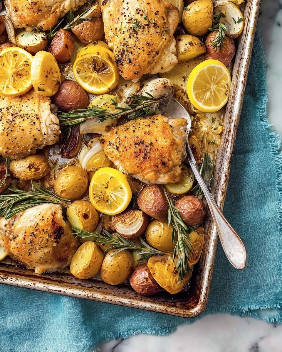 A metal baking tray filled with golden roasted chicken thighs and drumsticks, each piece topped with thin, slightly browned lemon slices and sprinkled with black pepper. Around the chicken, small red baby potatoes with a smooth skin are scattered, along with whole garlic bulbs that are roasted to a light caramel color. Fresh rosemary sprigs add a touch of green on top, while a woman's hand is visible holding a piece of torn crusty white bread on the side. The tray rests on a white marbled surface, partially covered by a soft light blue cloth and a vintage silver fork with a dark wooden handle lies nearby. photo taken with an iphone --ar 4:5 --v 7