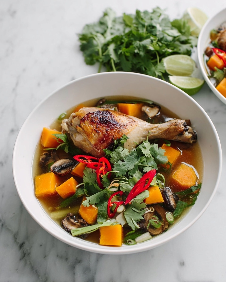 A white bowl filled with a soup that has one cooked chicken leg resting on top, showing a golden-brown skin. Around the chicken are bright orange cubes of sweet potato, light brown sliced mushrooms, and red chili slices scattered among green leafy cilantro and a green slice of lime resting beside the chicken. The broth is clear and slightly dark, filling the bowl halfway. A silver spoon sits inside the bowl on the left side. The background is a white marbled surface with fresh ginger, whole red chili, cilantro, and another bowl of the same soup partially visible. Photo taken with an iphone --ar 4:5 --v 7