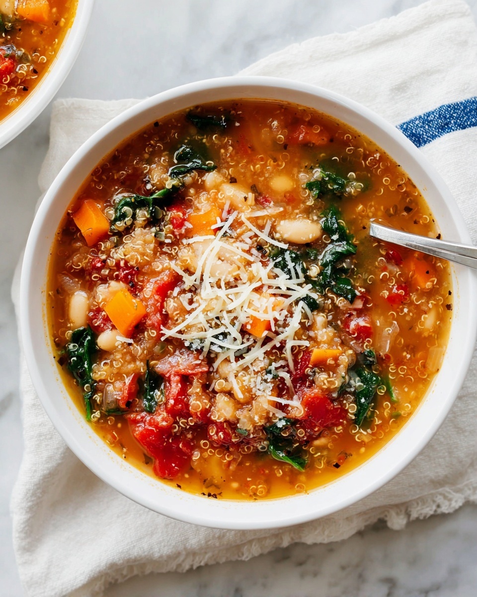 The image shows a single layer of thick vegetable soup in a white pot on a white marbled surface. The soup has a rich orange-red broth filled with diced carrots, tomatoes, celery, white beans, leafy greens, and visible small grains of quinoa. The textures include soft cooked vegetables and beans scattered evenly throughout the broth, creating a colorful mix of orange, red, green, and white pieces. The pot rim is lightly stained with the soup’s orange hue, adding a rustic look. Photo taken with an iphone --ar 4:5 --v 7