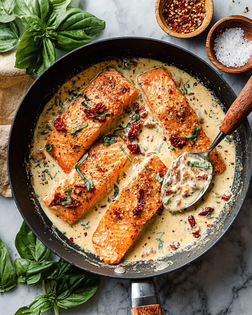The image shows a black pan with four orange-brown cooked salmon fillets inside, each topped with a creamy light yellow sauce mixed with small red pieces, likely sun-dried tomatoes, and scattered green herb leaves. The creamy sauce partially covers the salmon, creating a smooth texture with visible seasoning and herbs on top. The pan is placed on a white marbled surface, next to a small white wooden bowl filled with white flakes that look like grated cheese, and another bowl with red pepper flakes. The overall look is warm with contrasting vibrant colors and textures. Photo taken with an iphone --ar 4:5 --v 7