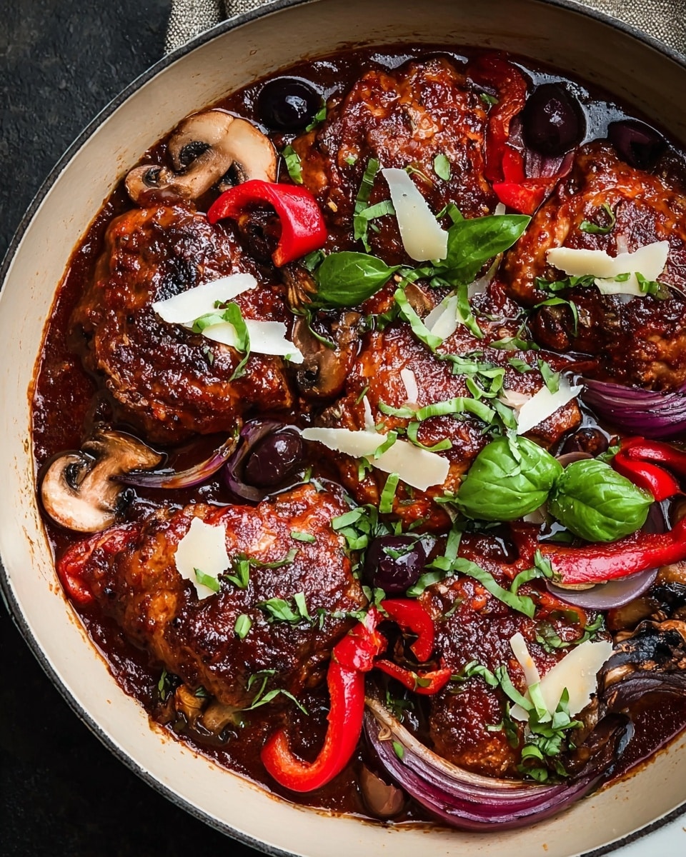 A white pan filled with six browned pieces of meat in a rich, dark red sauce. Sliced mushrooms and red onion wedges are scattered among the meat, along with whole black olives and strips of bright red pepper. Fresh green basil leaves and thin, curled shavings of pale cheese are sprinkled on top, adding a touch of freshness and texture. The dish shows a mix of shiny, smooth sauce and textured meat, with a contrast of dark, earthy colors and vibrant greens and reds. photo taken with an iphone --ar 4:5 --v 7