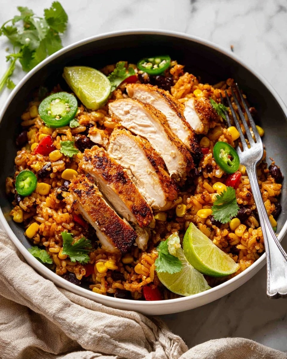 A blue skillet filled with a base layer of seasoned rice mixed with corn, black beans, and small red pepper pieces, all spread evenly at the bottom. On top of the rice are several pieces of cooked chicken thighs with a browned, slightly crispy skin, arranged scattered around. Lime wedges and fresh jalapeño slices are placed randomly on the rice and chicken, adding green accents. Some fresh cilantro leaves are sprinkled on top. The skillet sits on a white marbled surface, and a woman's hand is holding the skillet handle slightly visible at the top corner. photo taken with an iphone --ar 4:5 --v 7